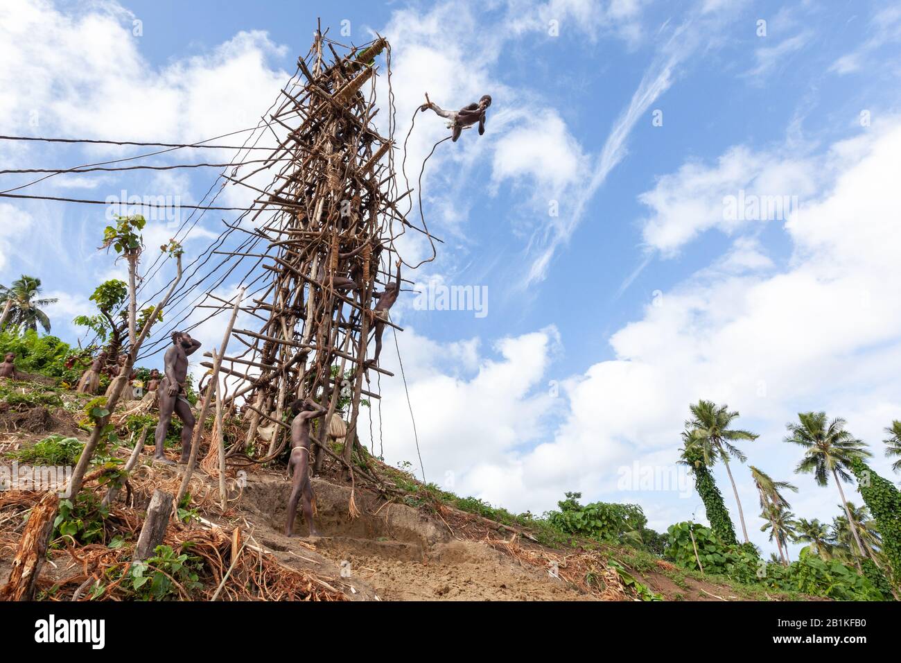 Pfingstpentercost Insel Vanuatu - 2019: Traditionelle melanesische Landtauchzeremonie Nagol (Männer springen mit Reben aus Holztürmen). Initiierung. Stockfoto