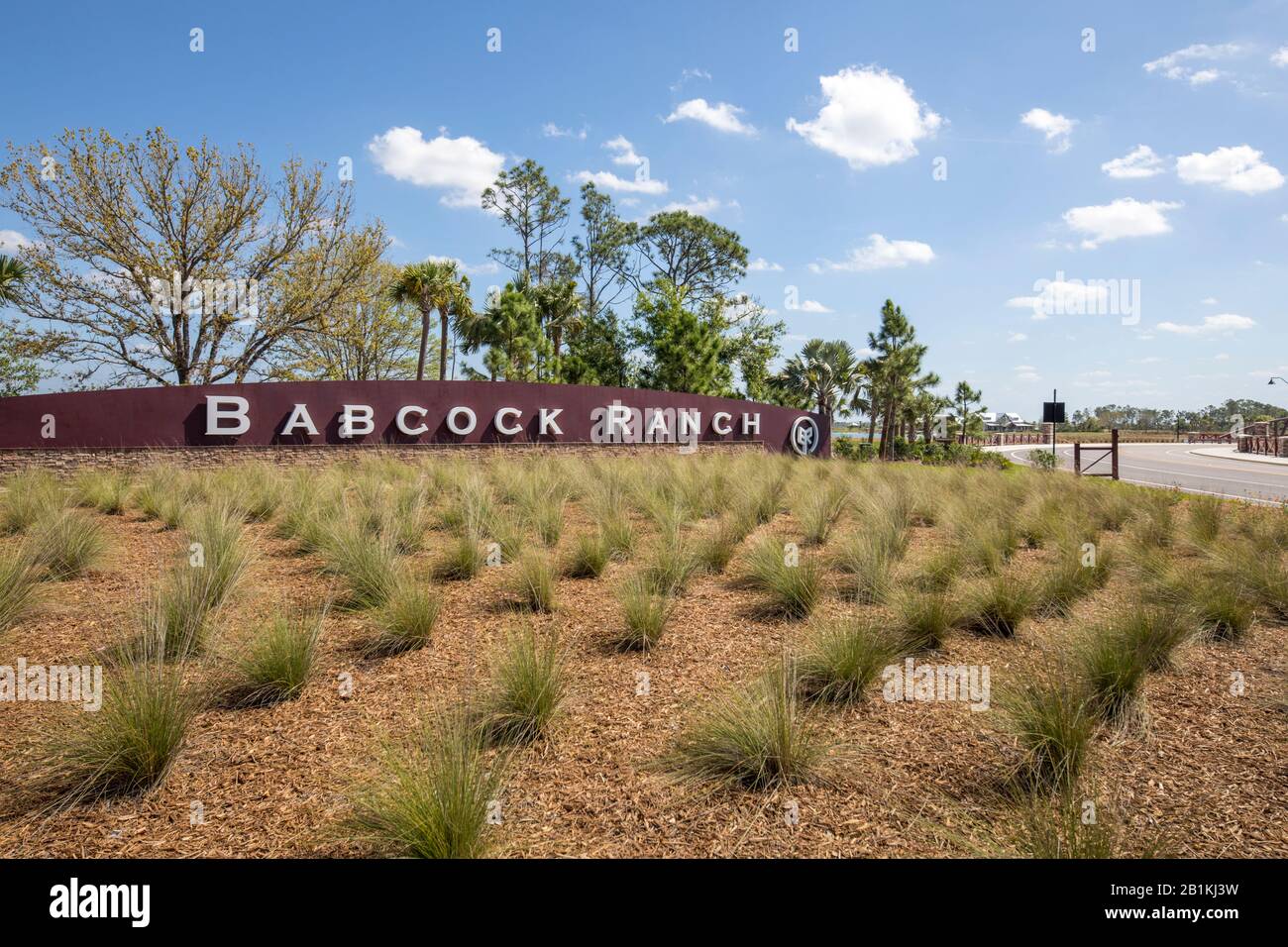 Haupteingangsschild der Babcock Ranch, Florida, einer selbstständigen, umweltfreundlichen Stadt mit Solarenergie in Florida, die gebaut wird. Immobilieninvestments Stockfoto