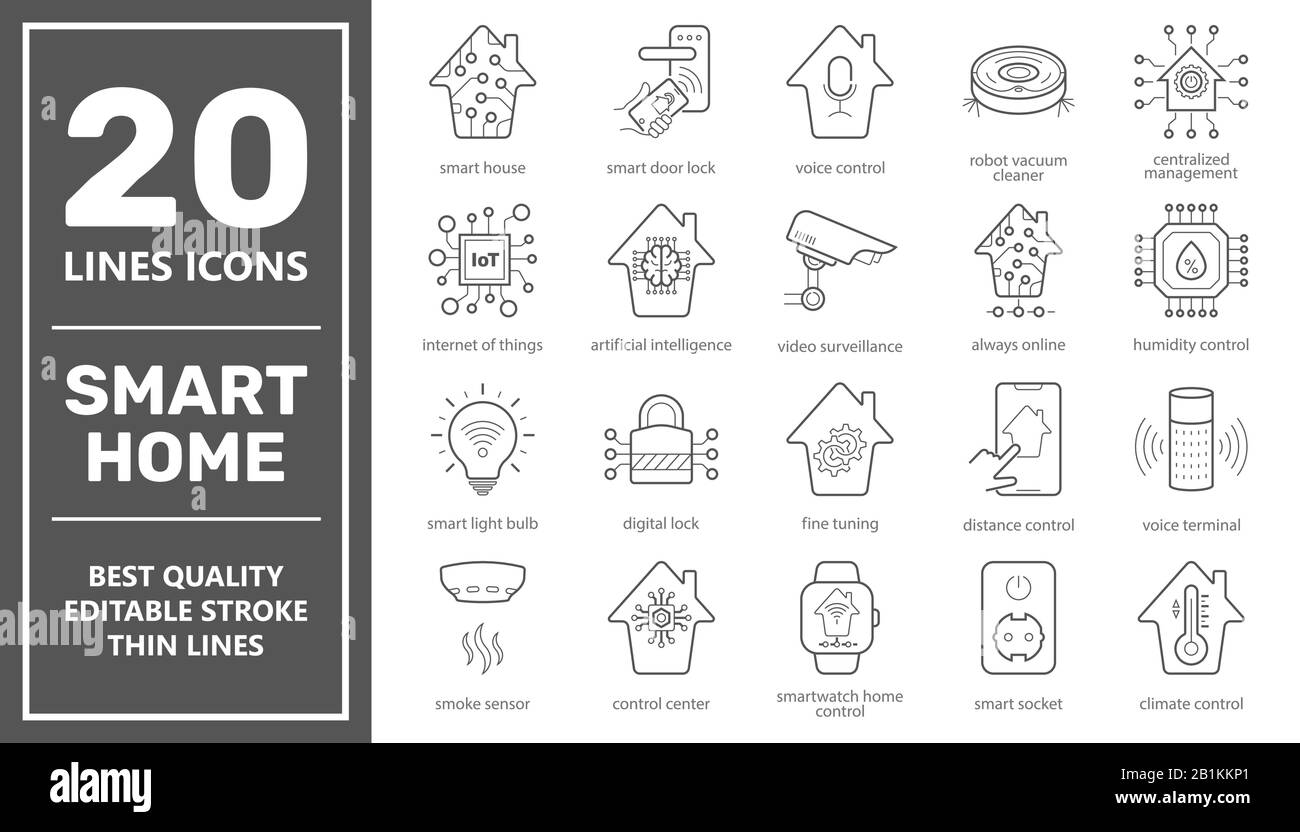 Satz von Vektorliniensymbolen mit Smart House-Bezug. Enthält Symbole wie Smart Lock, Roboter-Staubsauger, Kamera, Lichteinstellungen, Feuchtigkeitsregelung und Stock Vektor