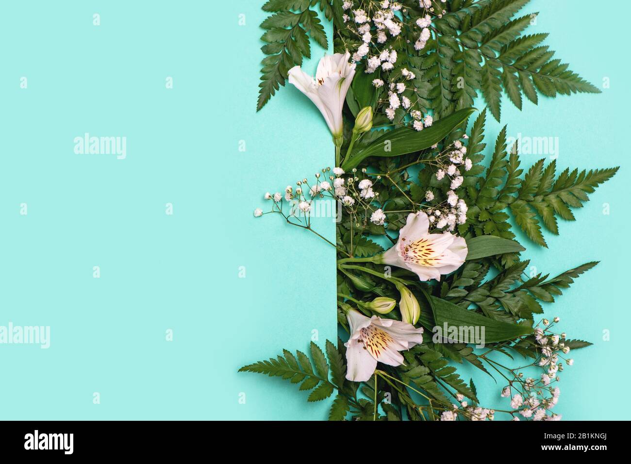 Kreatives Layout aus farngrünen Blättern und weißen Blumen mit Hinweis auf die Papierkarte. Flaches Lay. Federkonzept Stockfoto