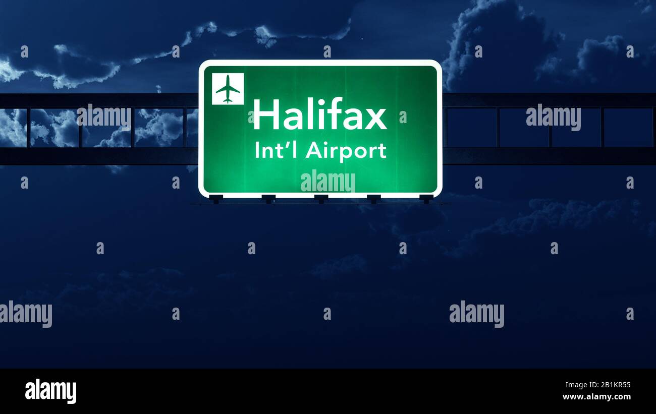 Halifax Stanfield Canada Airport Highway Road Schild bei Nacht 3D-Illustration Stockfoto
