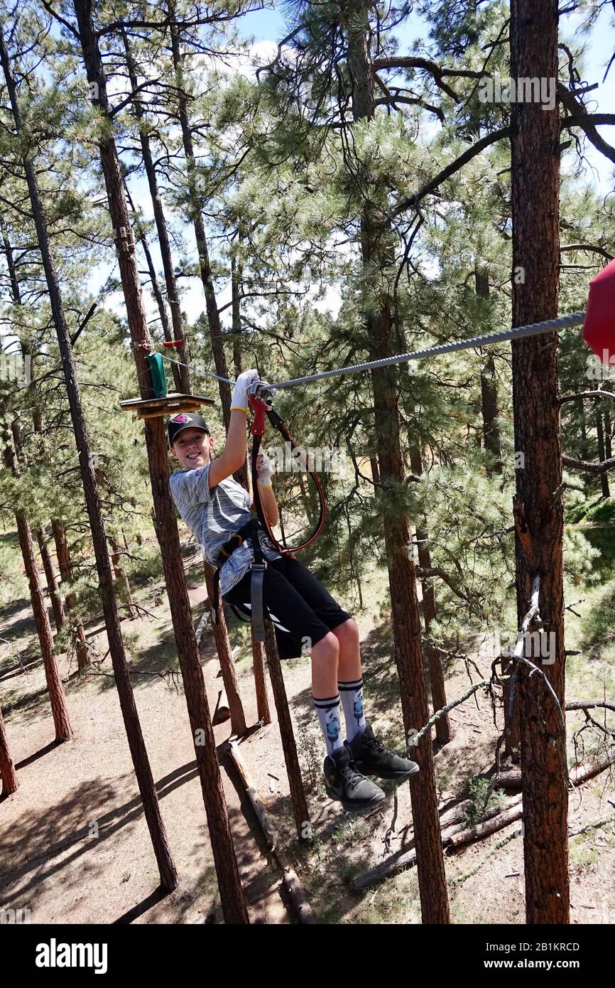 Ein kleiner Junge zieht sich in Flagstaff, Arizona, unter hohen Kiefern an. Stockfoto