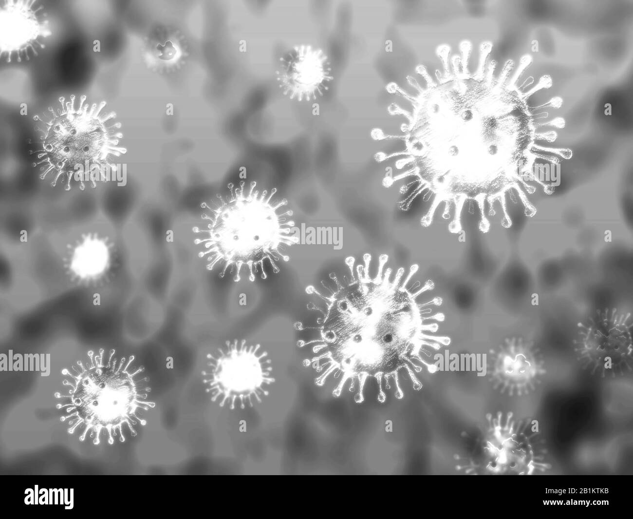 Coronavirus Illustration Konzept. Mikroskopische Sicht auf Coronavirus, einen Erreger, der die Atemwege angreift. Stockfoto