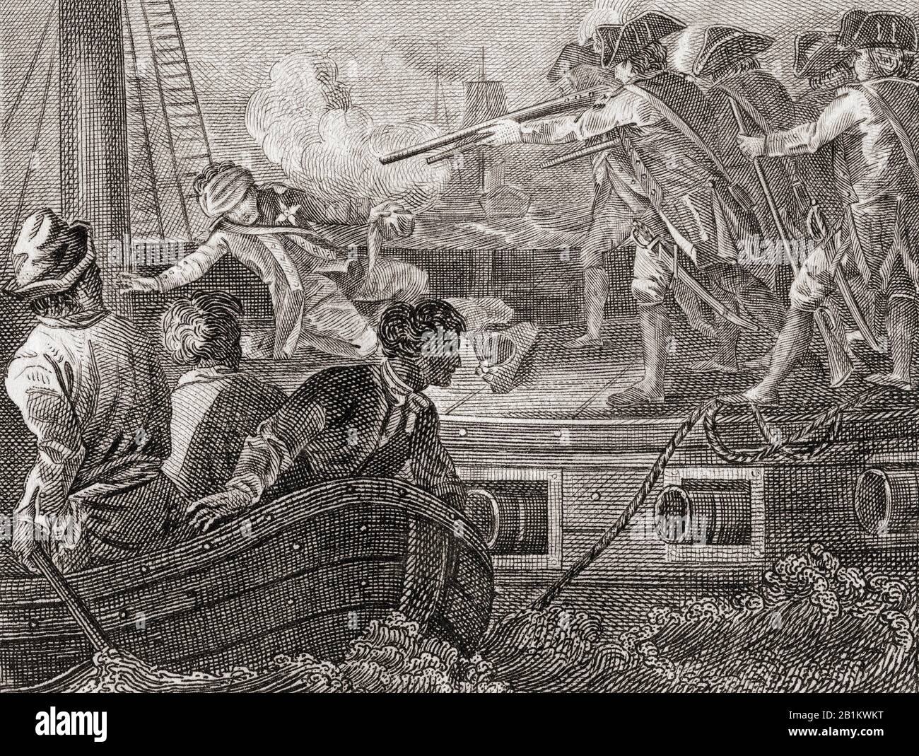 Die Hinrichtung von Admiral Byng. Admiral John Byng, 1704 - 1757. Offizier der Royal Navy, der vor Gericht durch den Beschuss von Kadertrupps entsetzt und hingerichtet wurde. Aus Der Geschichte Englands, von den ersten Aufzeichnungen bis zum Jahr 1802, veröffentlicht im Jahre 1812. Stockfoto