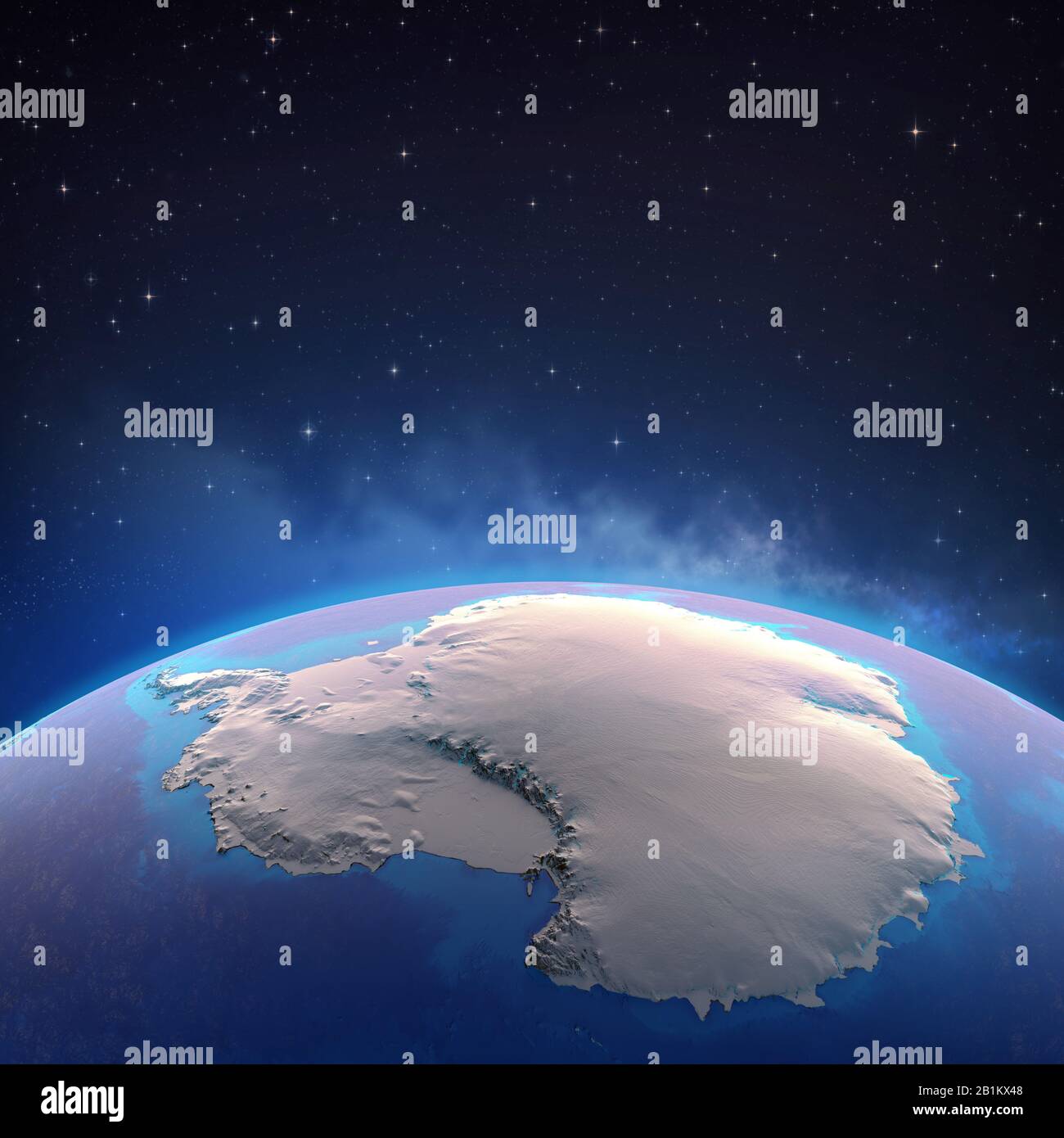Der Kontinent Antarktis wurde von einem Satelliten aus gesehen und das Eis schmilzt ab. Physische Karte des Südpols. 3D-Illustration - Elemente dieses Bildes, das von der NASA erstellt wurde Stockfoto