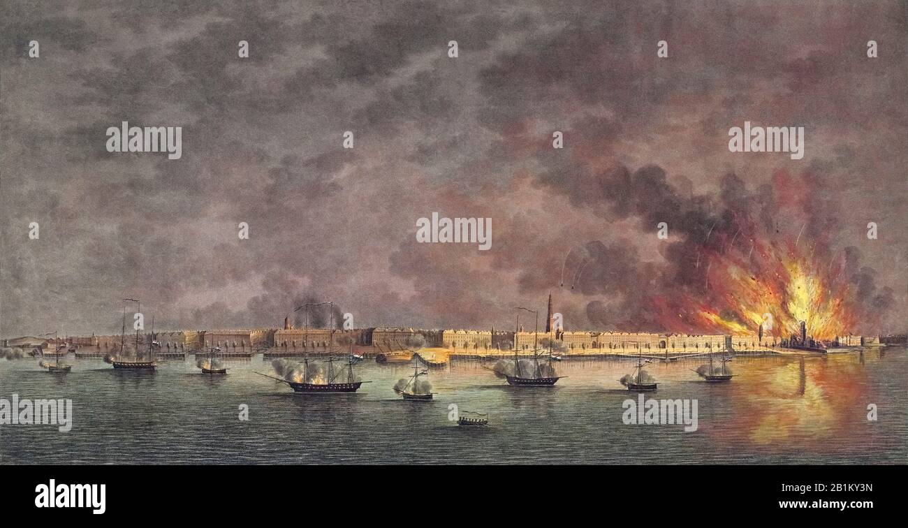 Die Bombardierung von Antwerpen am 27. Oktober 1830 durch die holländischen Kriegsschiffe unter dem Kommando von General Chassé während der belgischen Revolution. Stockfoto