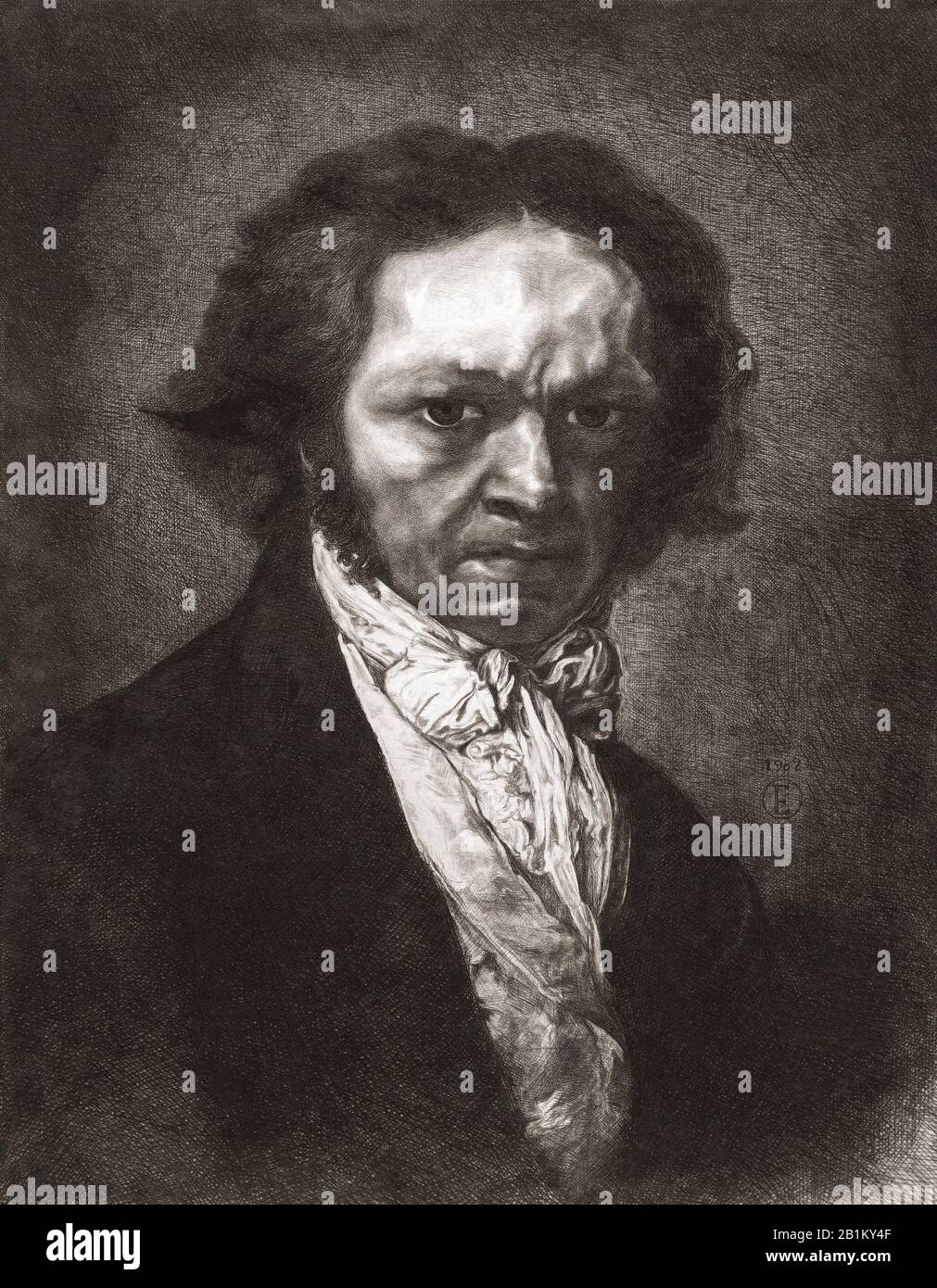 Porträt von Francisco de Goya. Francisco José de Goya y Lucientes, 1746 - 186. Spanischer Maler und Druckerhersteller. Nach einer Radierung des spanischen Künstlers Rogelio de Egusquiza y Barrena, zwischen ca. Stockfoto