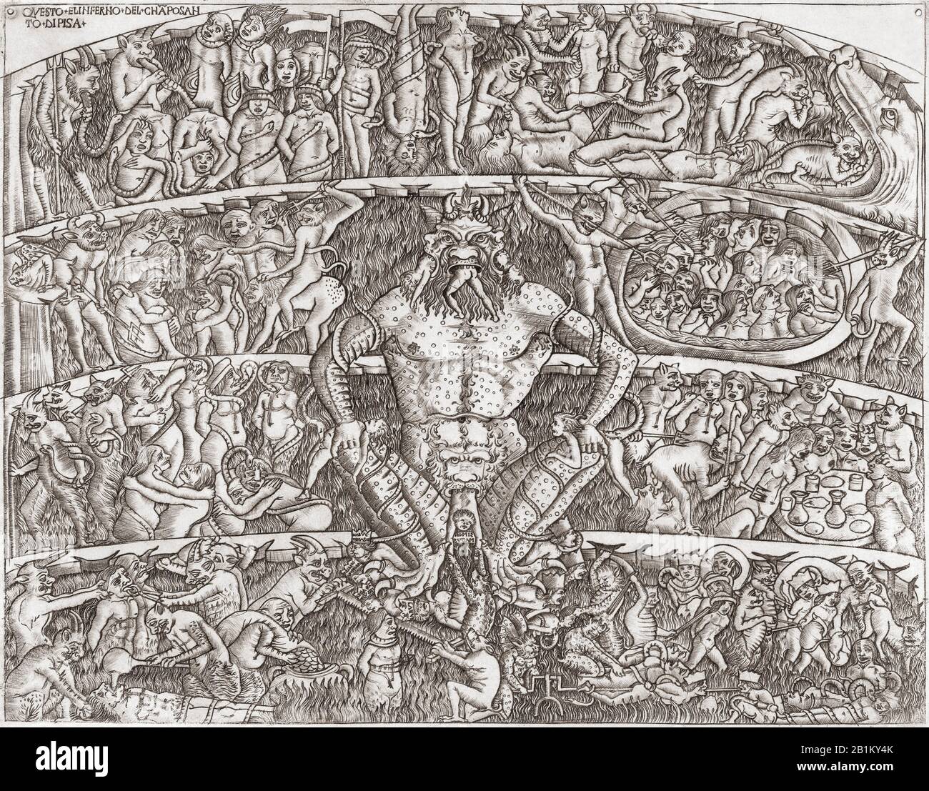 Eine mittelalterliche Vision der Hölle. Der Teufel und seine Assistenten kümmern sich um kürzlich eingetroffene Sünder. Nach einer späteren Version eines anonymen Werks aus dem 15. Jahrhundert. Stockfoto