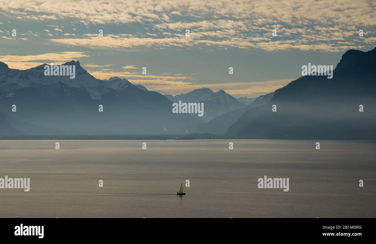 Schöner Genfersee in der Nähe von St. Saphorin in der Schweiz Stockfoto