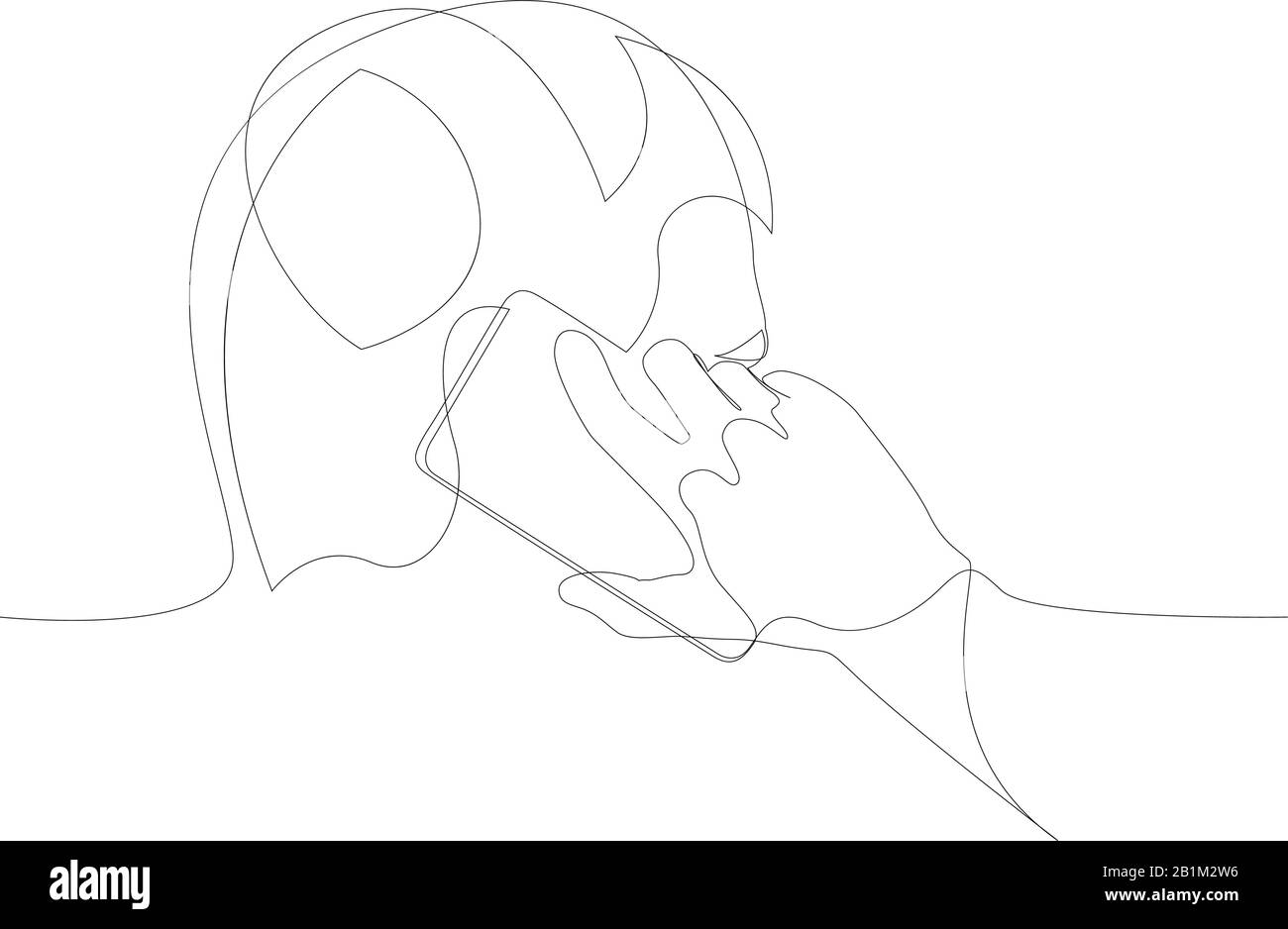 Der junge Mann spricht auf einem Handy, das eine durchgängige Linie zieht. Vektorgrafiken. Stock Vektor