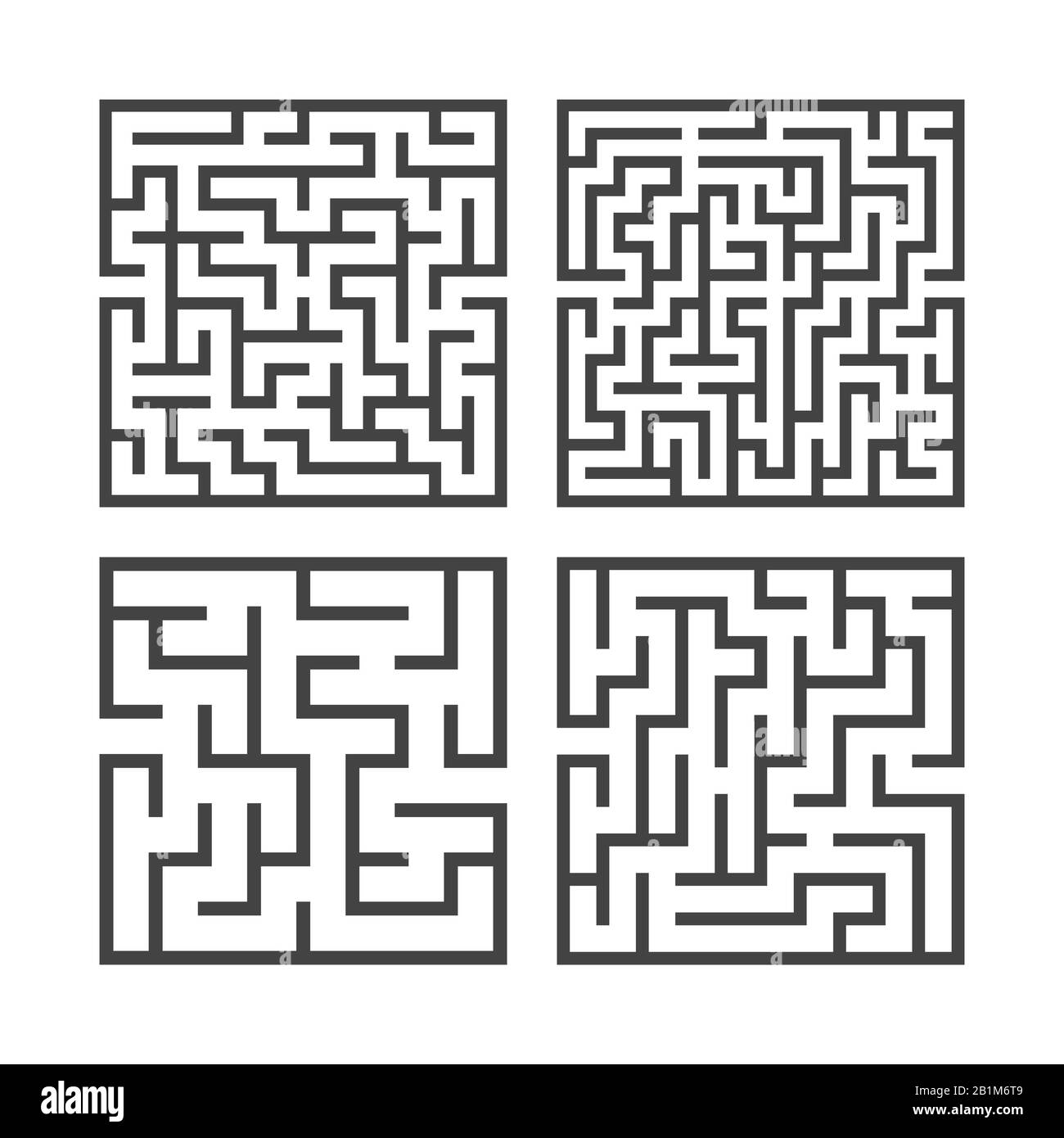 Ein Satz quadratischer Labyrinthe mit verschiedenen Schwierigkeitsgraden. Spiel für Kinder. Puzzle für Kinder. Ein Eingang, ein Ausgang. Labyrinth-Rätsel. Flacher Vektor i. Stock Vektor