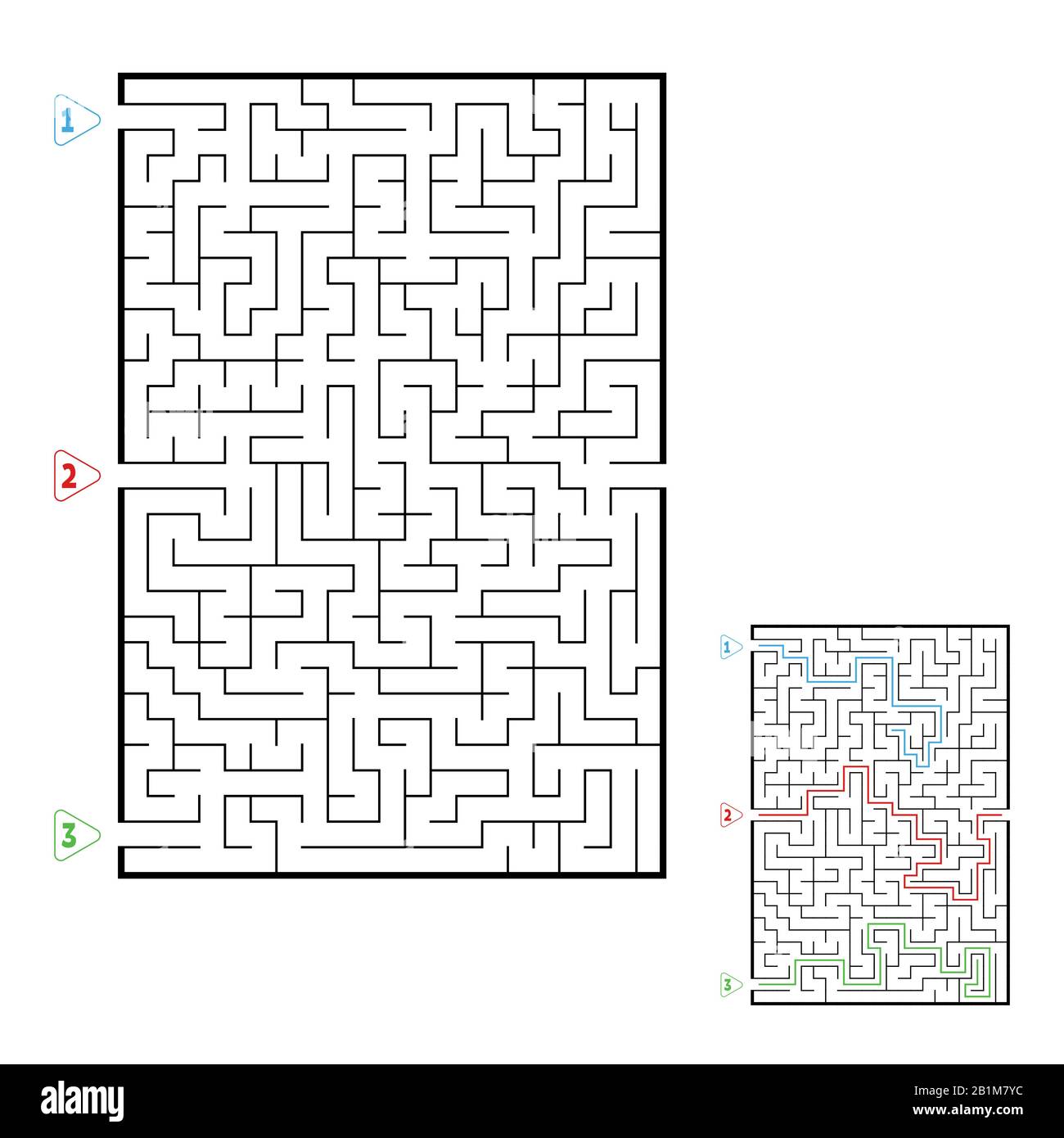 Abstraktes rechteckiges großes Labyrinth. Spiel für Kinder. Puzzle für Kinder. Drei Eingänge