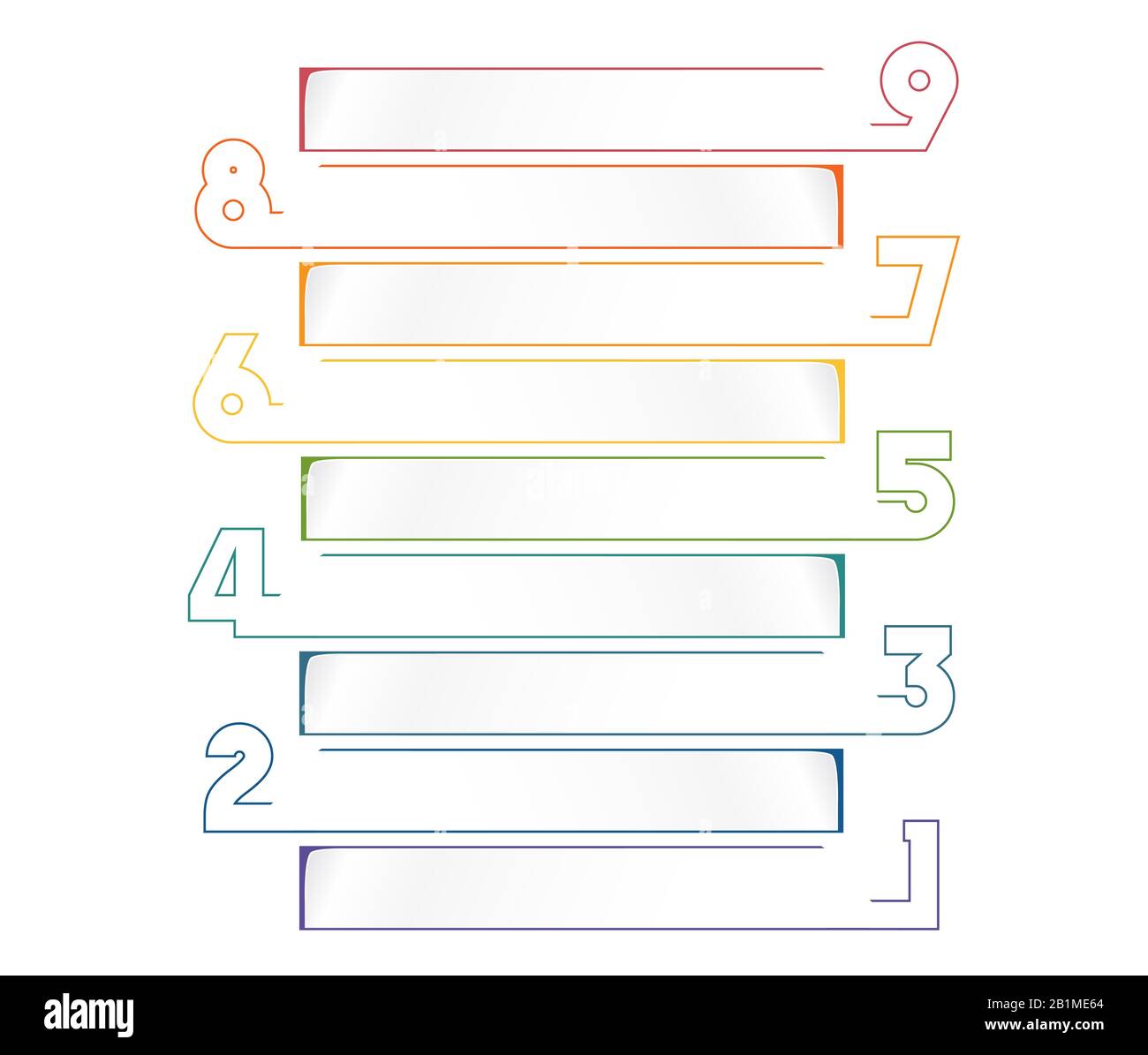 Universelle Infografievorlage für Projekte auf weißem Hintergrund 9 Positionen Horizontale Streifen Stockfoto