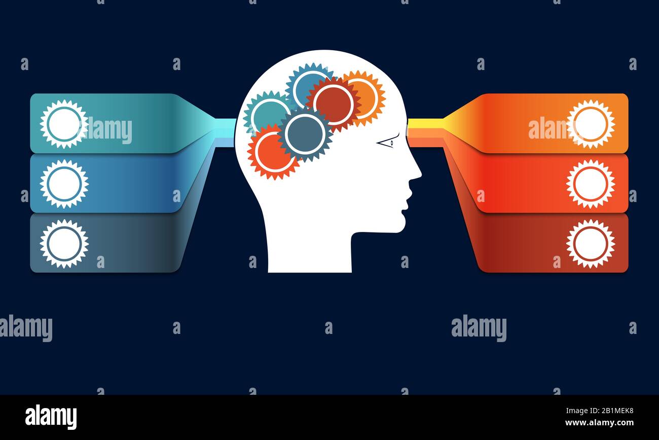 Infografik mit Zahnrädern im Kopf und bunten Streifen. Vorlage mit 6 Optionen für konzeptionelle Varianten für Projekte. Stockfoto