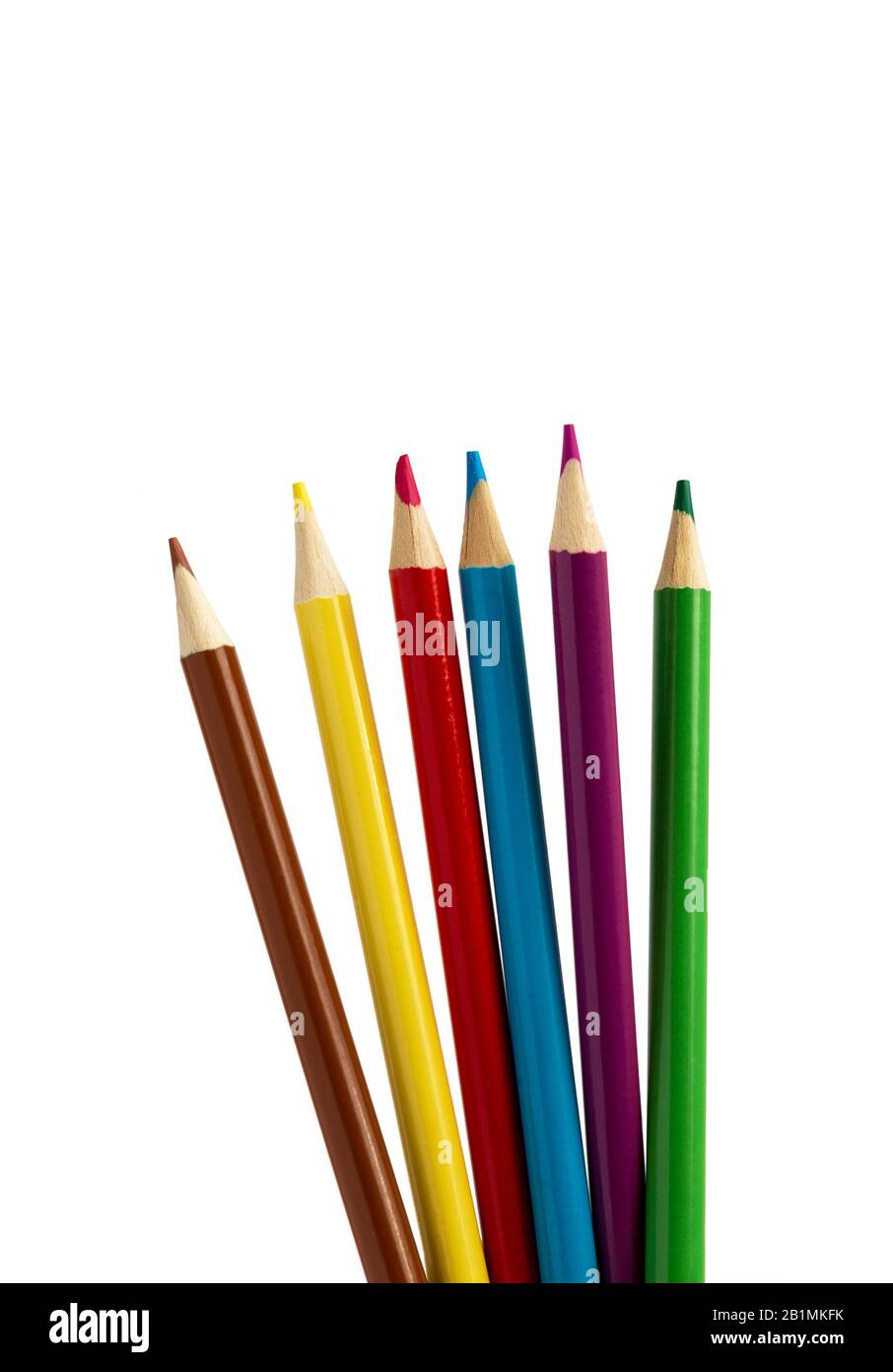 Bleistiftfarbe isoliert auf weißem Hintergrund. Bunter, farbener Bleistift. Nahaufnahme der leuchtenden Bleistiftzeichenfarben. Stockfoto