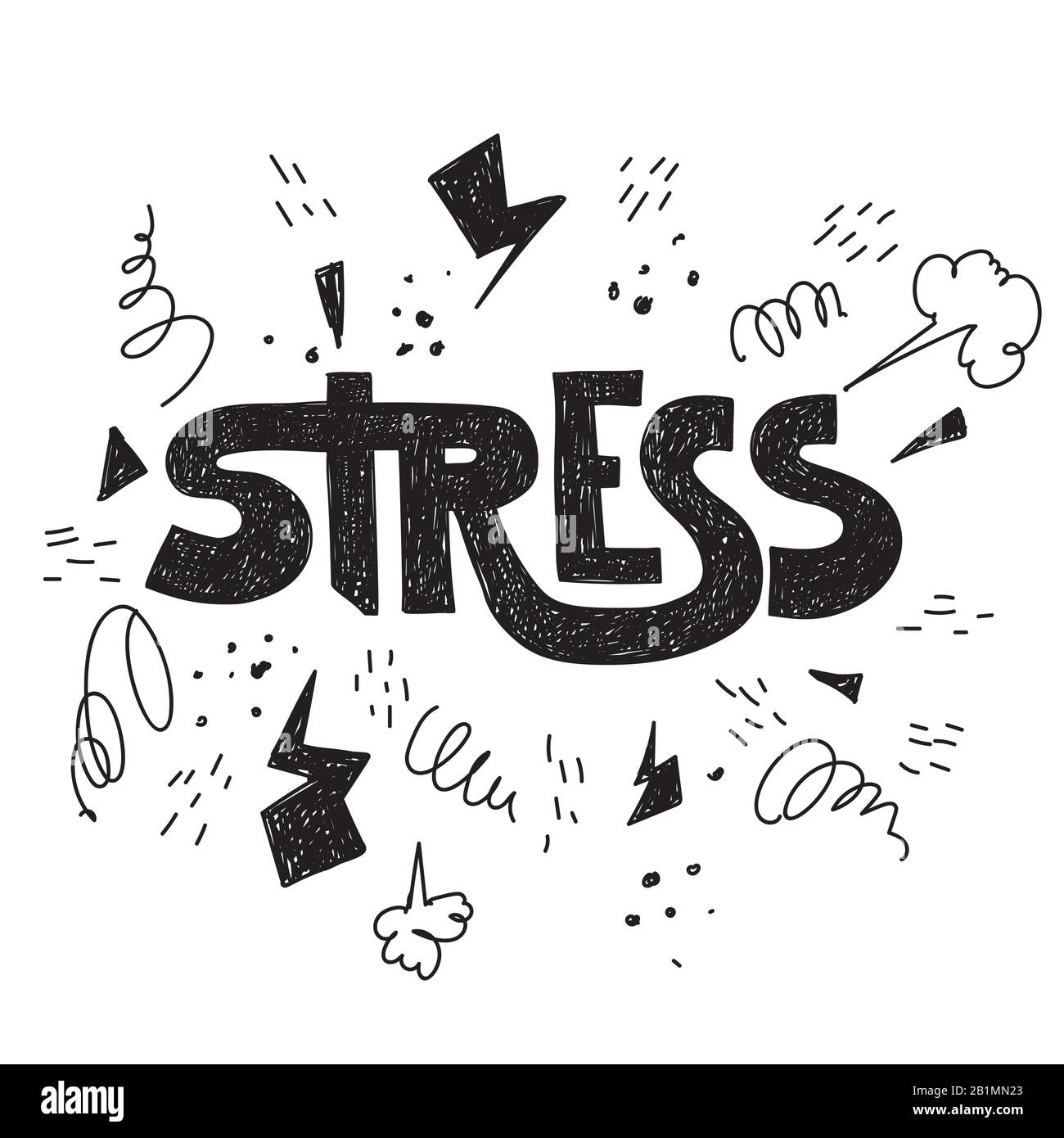 Handgezeichneter schraffender Schriftzug Wort Stress. Konzeptionelle Vektordarstellung mit doodle-Elementen Stock Vektor