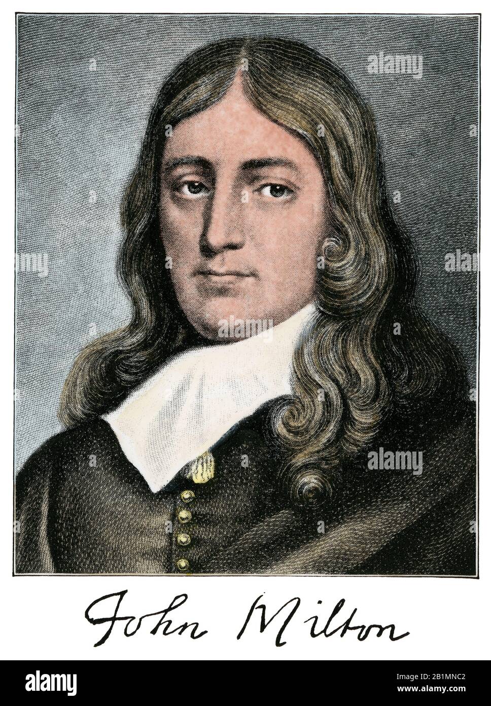 John Milton mit seiner Unterschrift. Handfarbener Halbton einer Abbildung Stockfoto