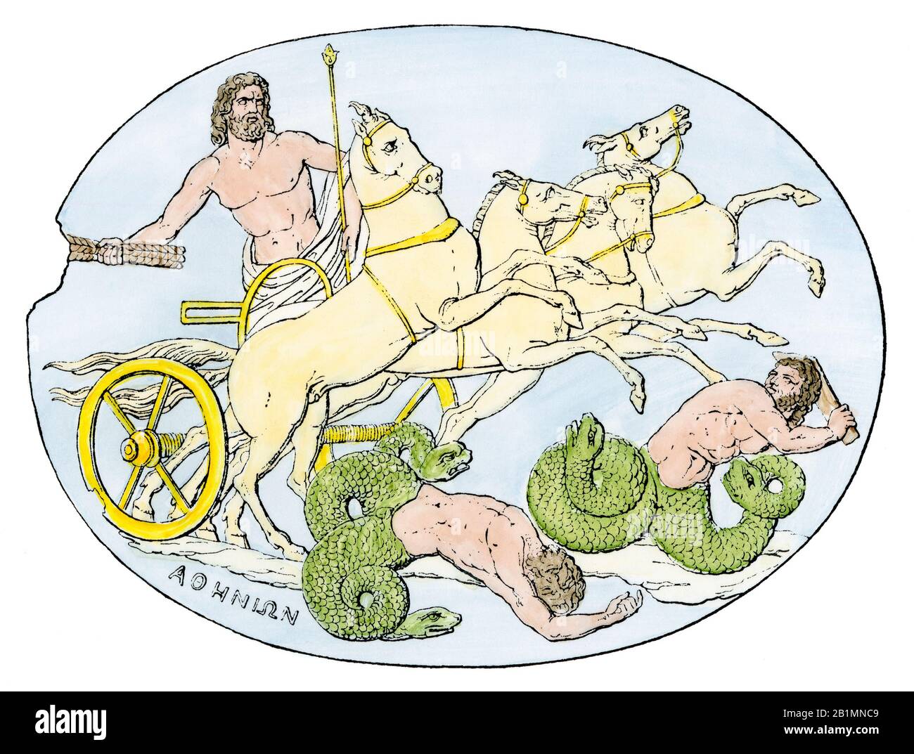 Der römische gott Jupiter im Kampf auf seinem Wagen. Handfarbener Holzschnitt Stockfoto