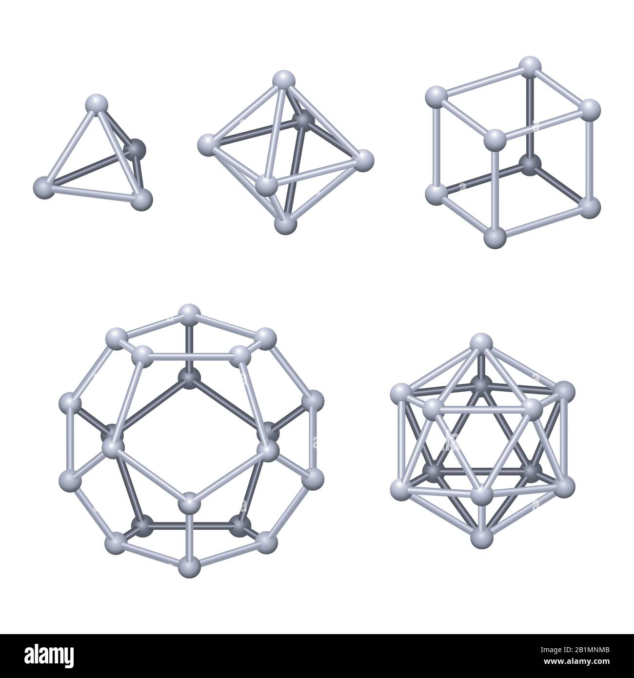 Grau gefärbte platonische Feststoffe 3D. Regelmäßige konvexe Polyeder im dreidimensionalen Raum mit der gleichen Anzahl identischer Flächen, die an jedem Scheitelpunkt aufeinandertreffen. Stockfoto