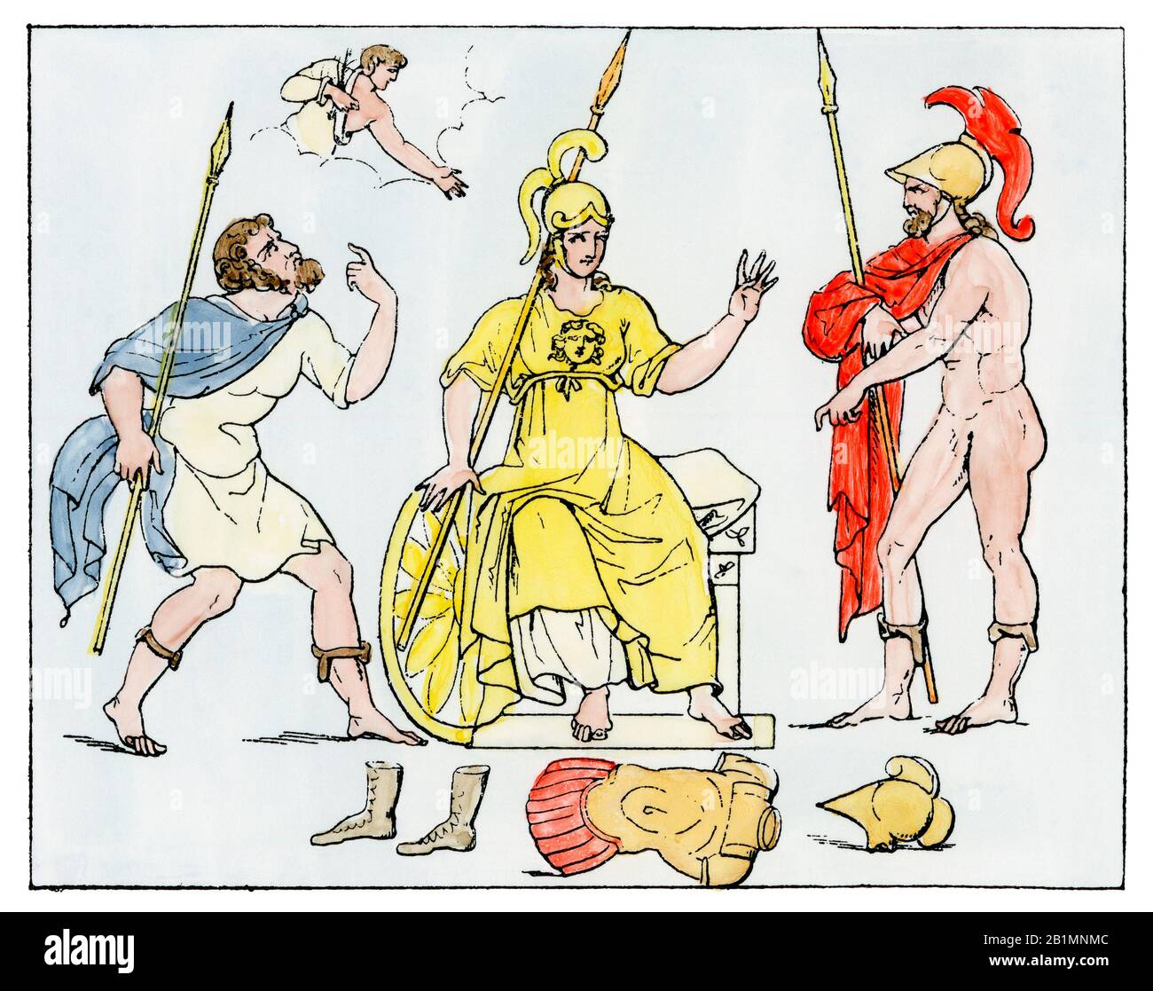 Odysseus und Ajax streiten nach seinem Tod im Trojanischen Krieg über Achilles Rüstung. Handfarbener Holzschnitt Stockfoto