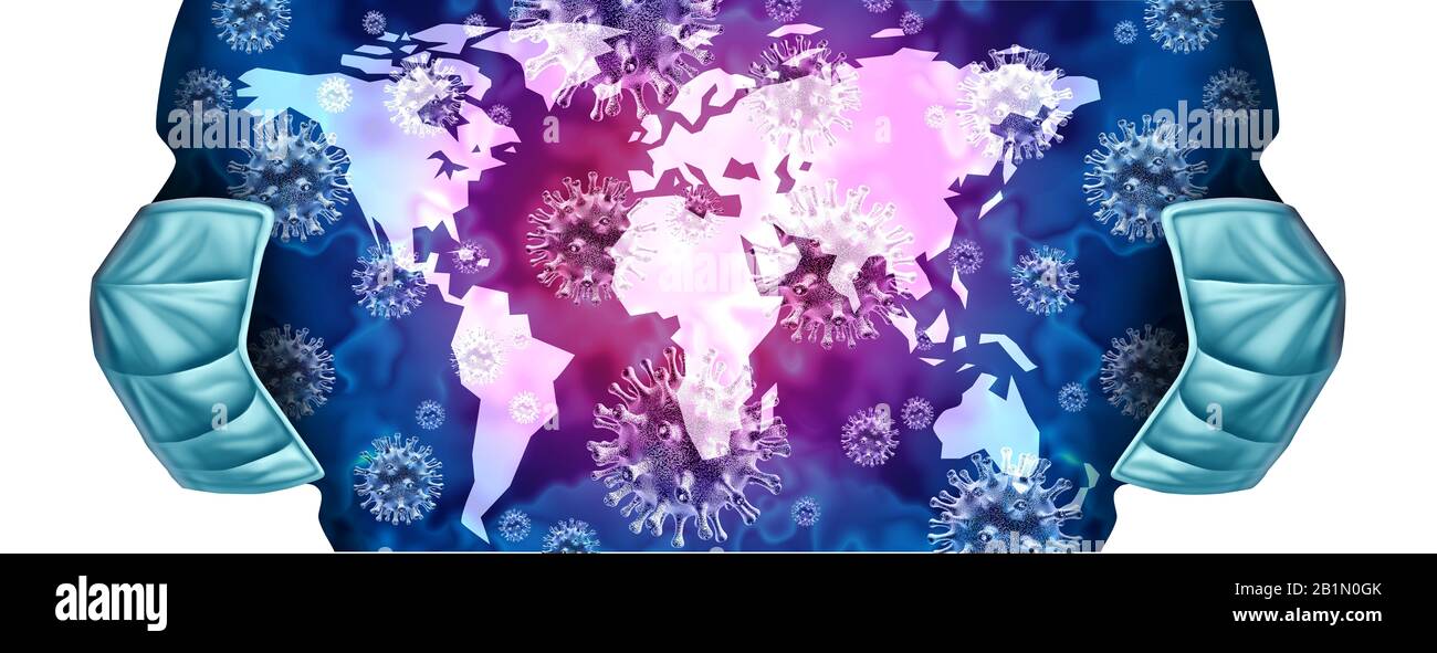 Pandemie-Virus-Ausbruch mit China Europa und den Vereinigten Staaten Grippeausbruch und ansteckende neuartige medizinische Krise der Coronavirus Influenza als Weltöffentlichkeit. Stockfoto