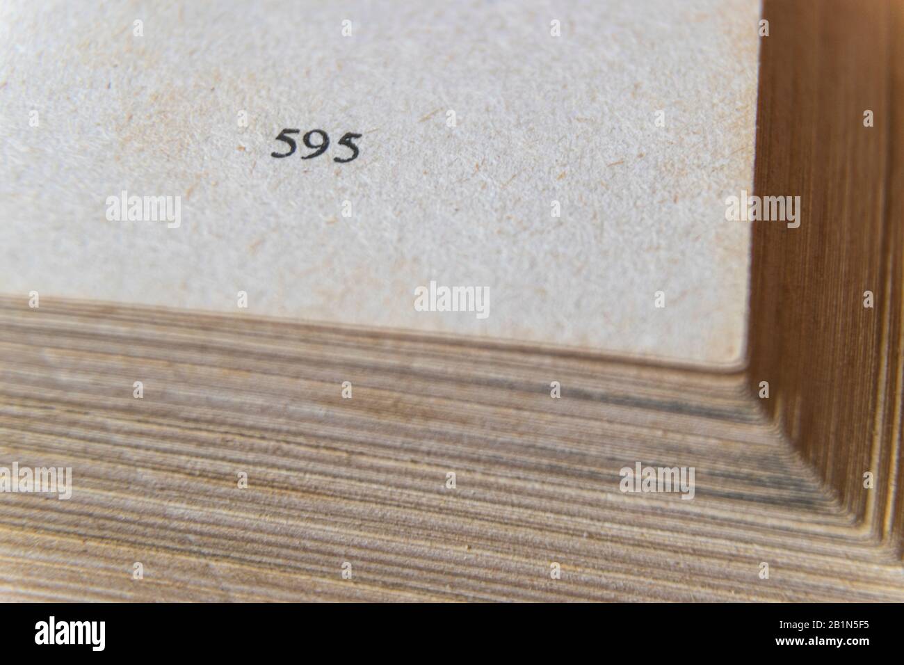 Makrobild gelber Bilder alter, großer Bücher auf Seite 595 Stockfoto