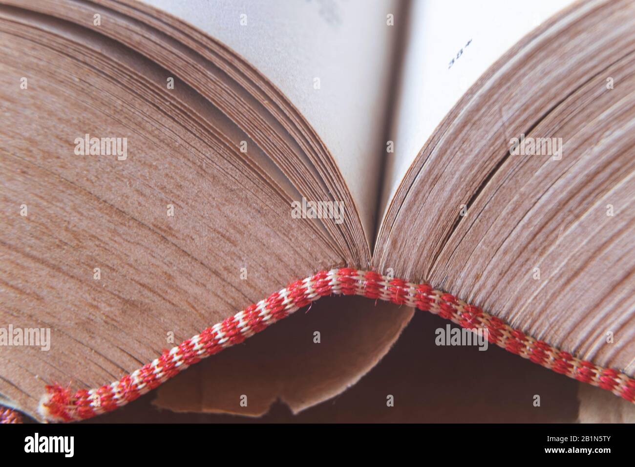 Makrobild gelber Bilder von altem Buch mit vielen Seiten Stockfoto