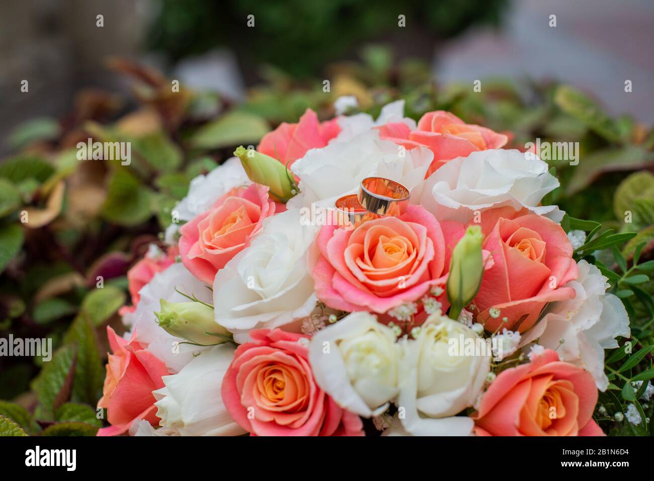 Hochzeitsgold läutet für die Zeremonie für die Neuvermählten mit einem Rosenstrauß in der Natur Stockfoto