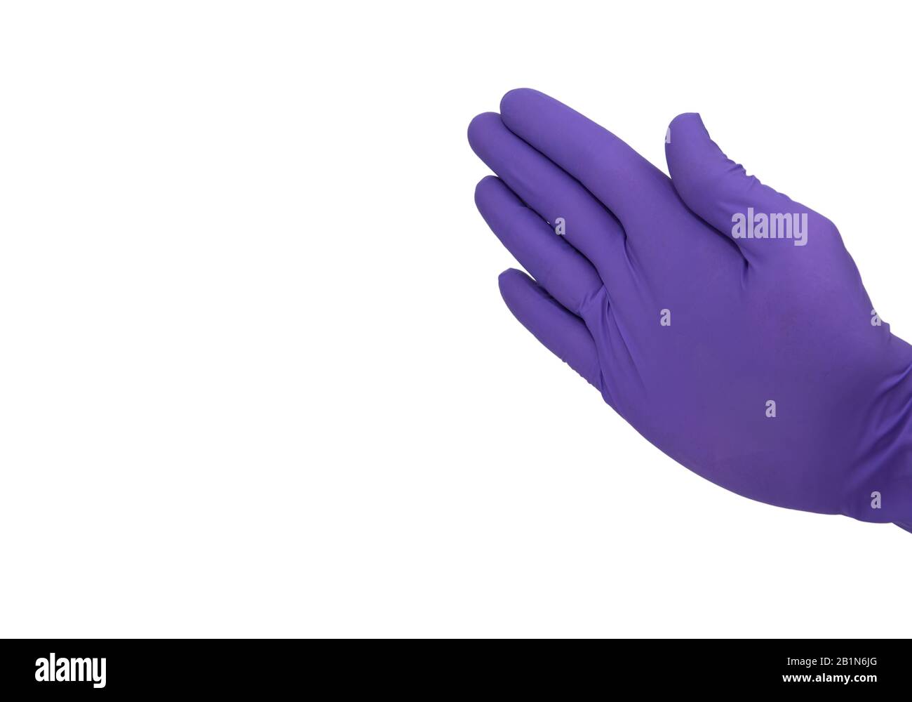 Hand in violettem Handschuh, der eine "Warnung"- oder "Verwarnung"-Geste macht. Isoliert auf reinem Weiß. Hochauflösendes Foto mit Kopierbereich. Stockfoto