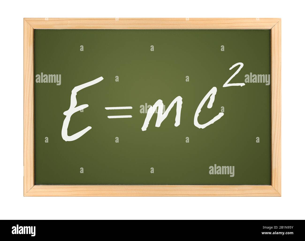 Grüner Blackboard-Schriftzug E=MC2 (Mass-Energy Equivalence) vor weißem Hintergrund Stockfoto