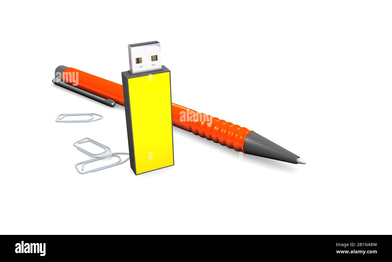 3D-Computergrafik, USB-Stick, Büroclip und ein Kugelschreiber vor weißem Hintergrund Stockfoto