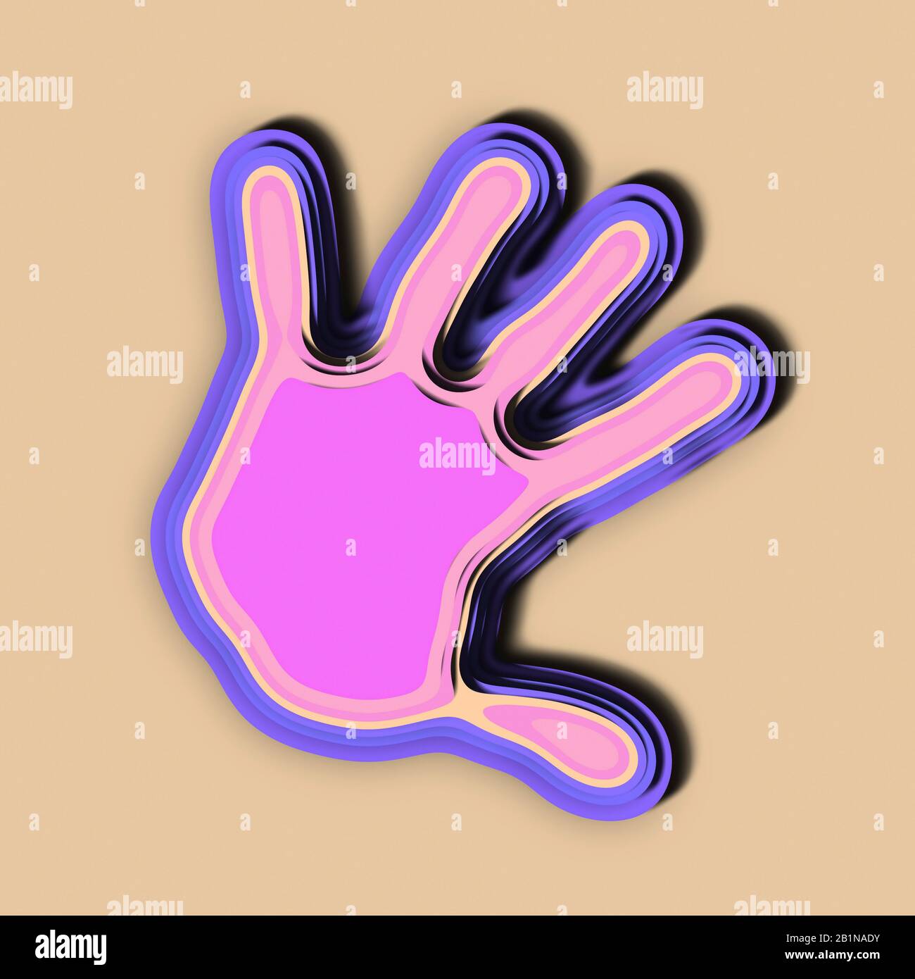 Papierschnitt einer Hand in violetter Farbe vor beigefarbenem Hintergrund Stockfoto