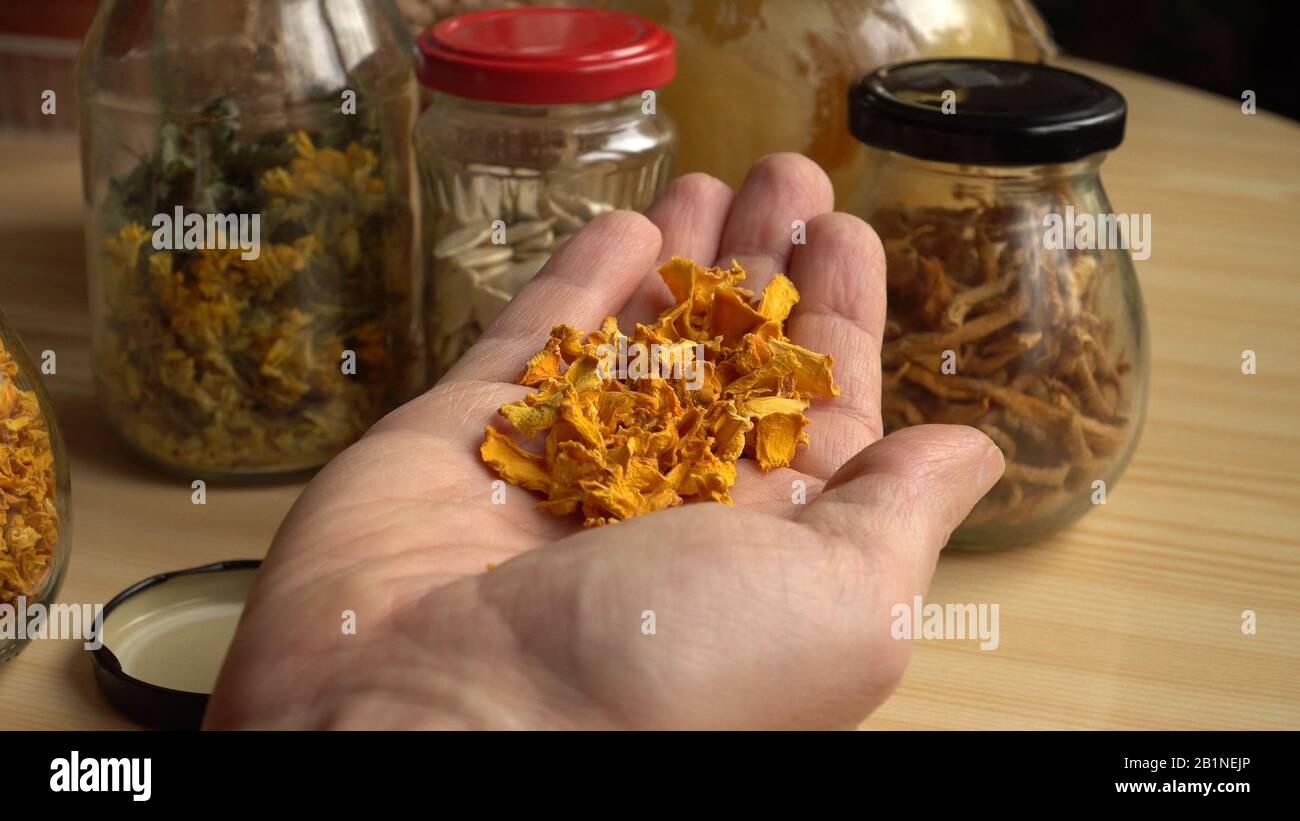 Getrocknete Kürbis-Gemüse-Stücke in der Palme eines Mannes. Gesunde hausgemachte Ernährung Gewürze und Zutaten. Natürliche Lebensmittel aus veganem Glas Stockfoto