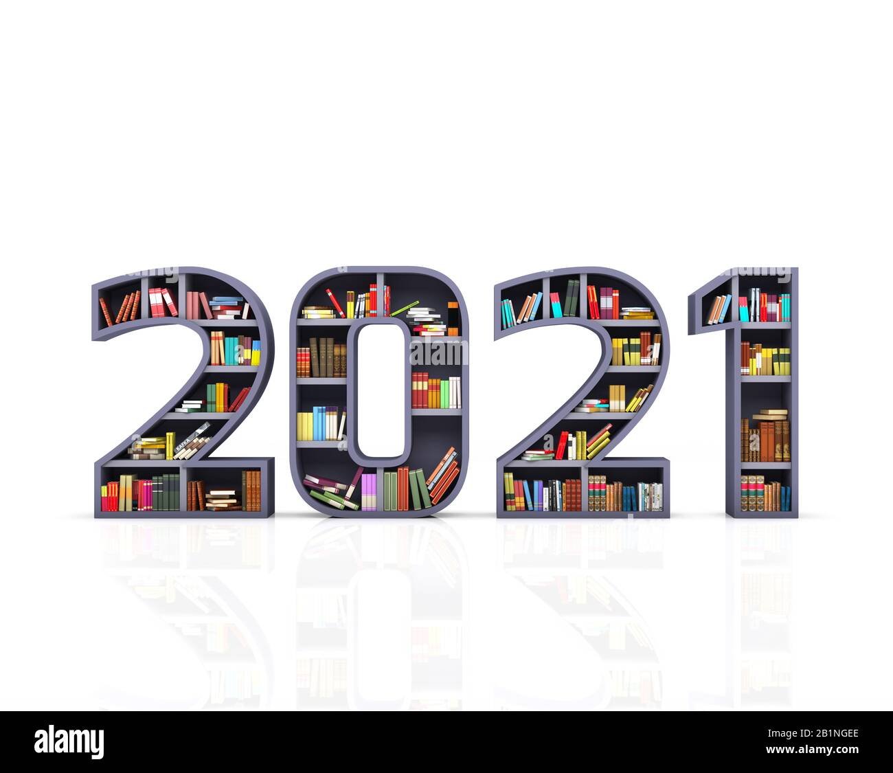 Neues Jahr 2021 Kreatives Designkonzept mit Bücherregal - 3D Gerendertes Bild Stockfoto