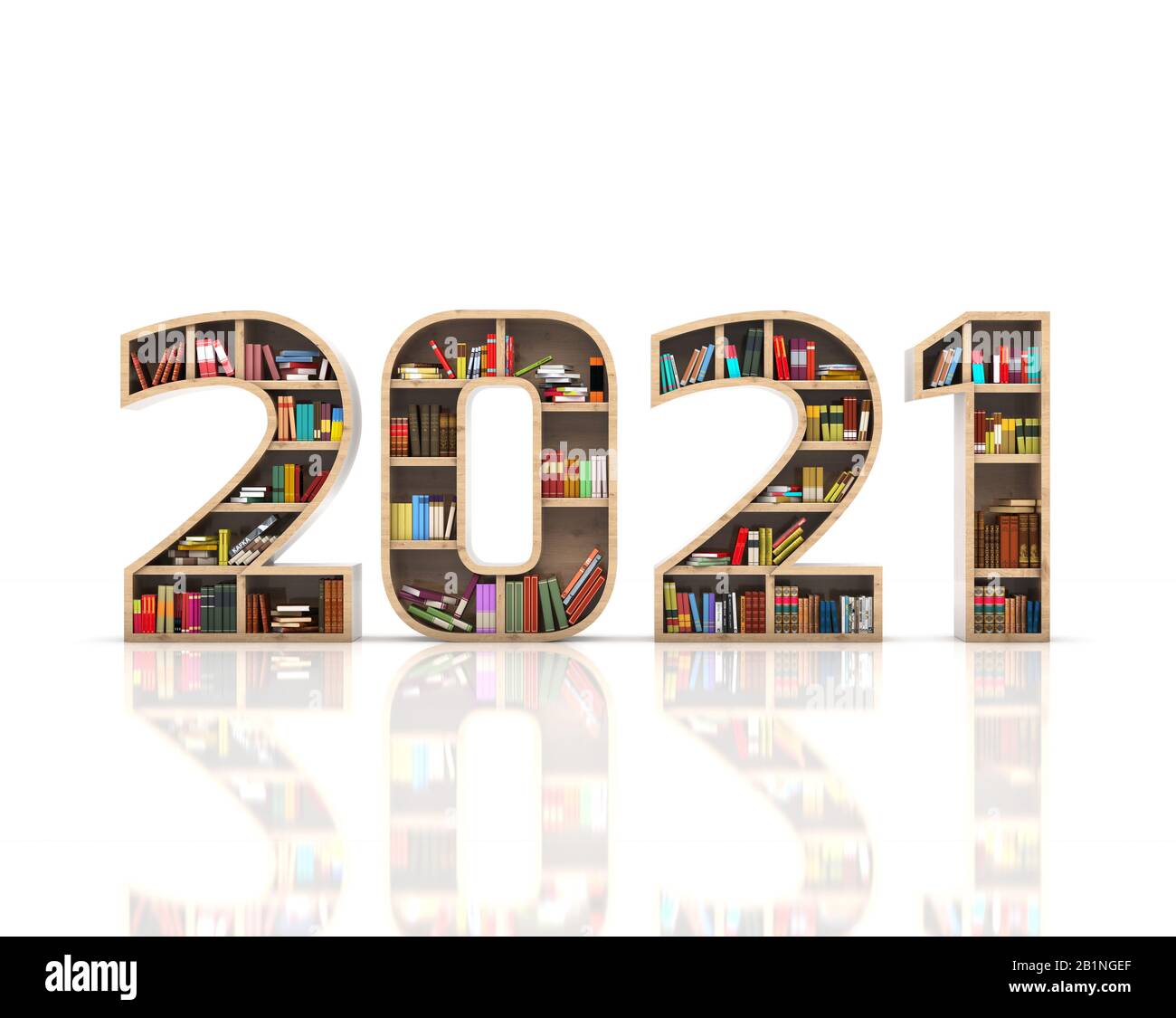 Neues Jahr 2021 Kreatives Designkonzept mit Bücherregal - 3D Gerendertes Bild Stockfoto