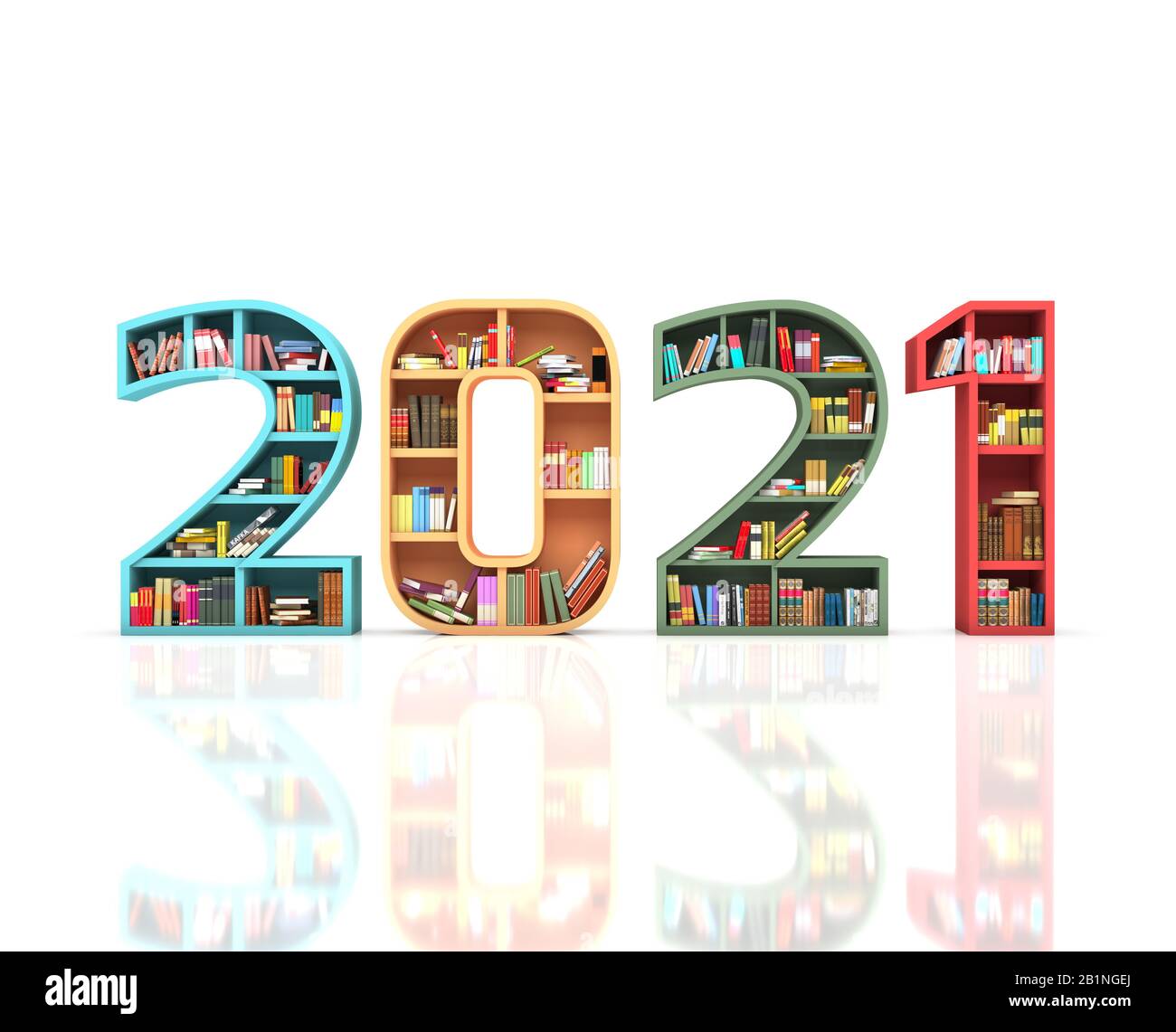 Neues Jahr 2021 Kreatives Designkonzept mit Bücherregal - 3D Gerendertes Bild Stockfoto