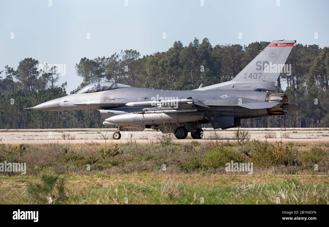 Eine F-16c Fighting Falcon der 48th Fighter Squadron, Spangdahlem Air Base, Deutschland, in Monte Real, Portugal, Fev. 19, 2020. Stockfoto