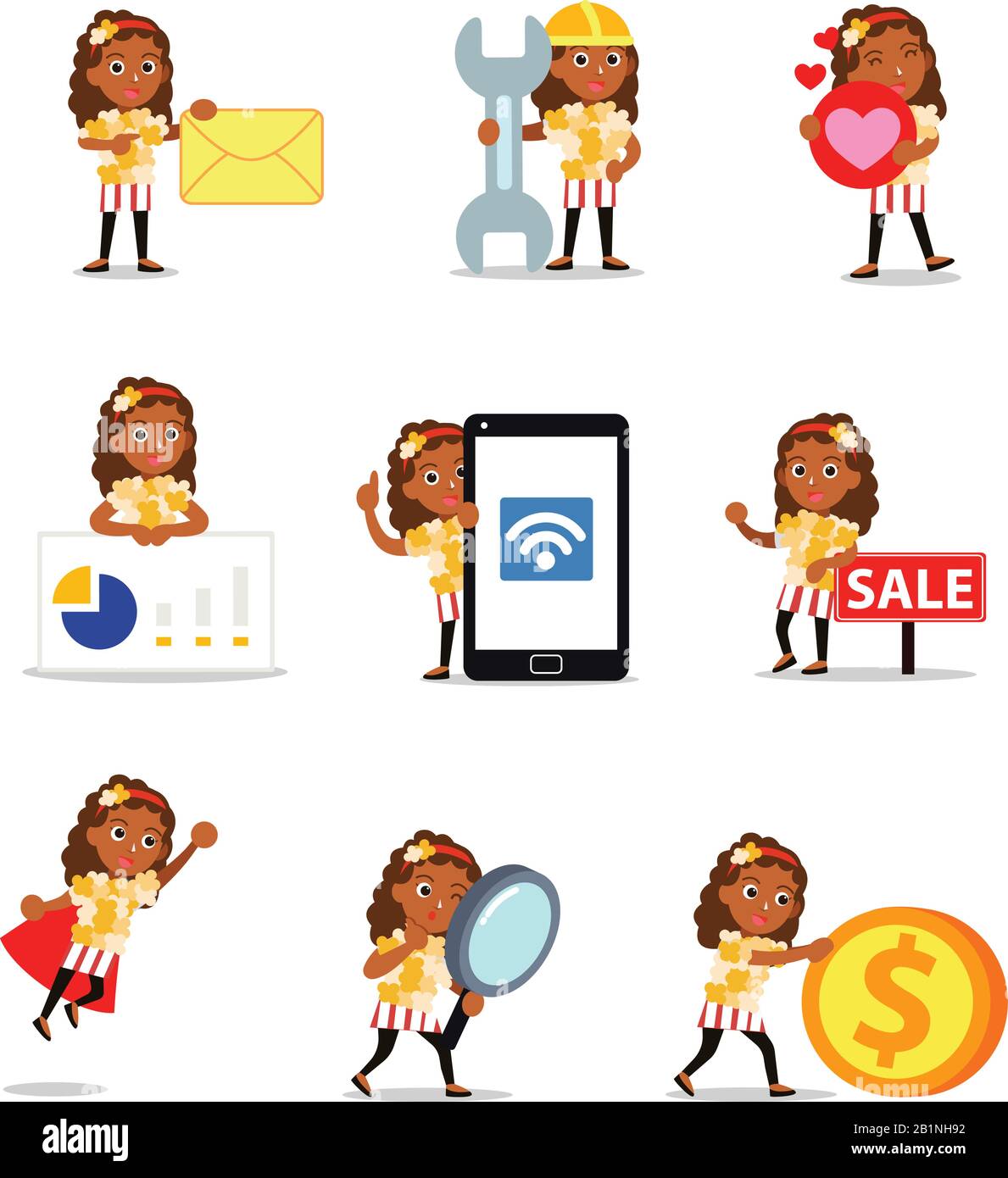 Stellen Sie die Figur der Frau ein, die ein einzigartiges Popcorn-Kostüm im Kino trägt. Stock Vektor