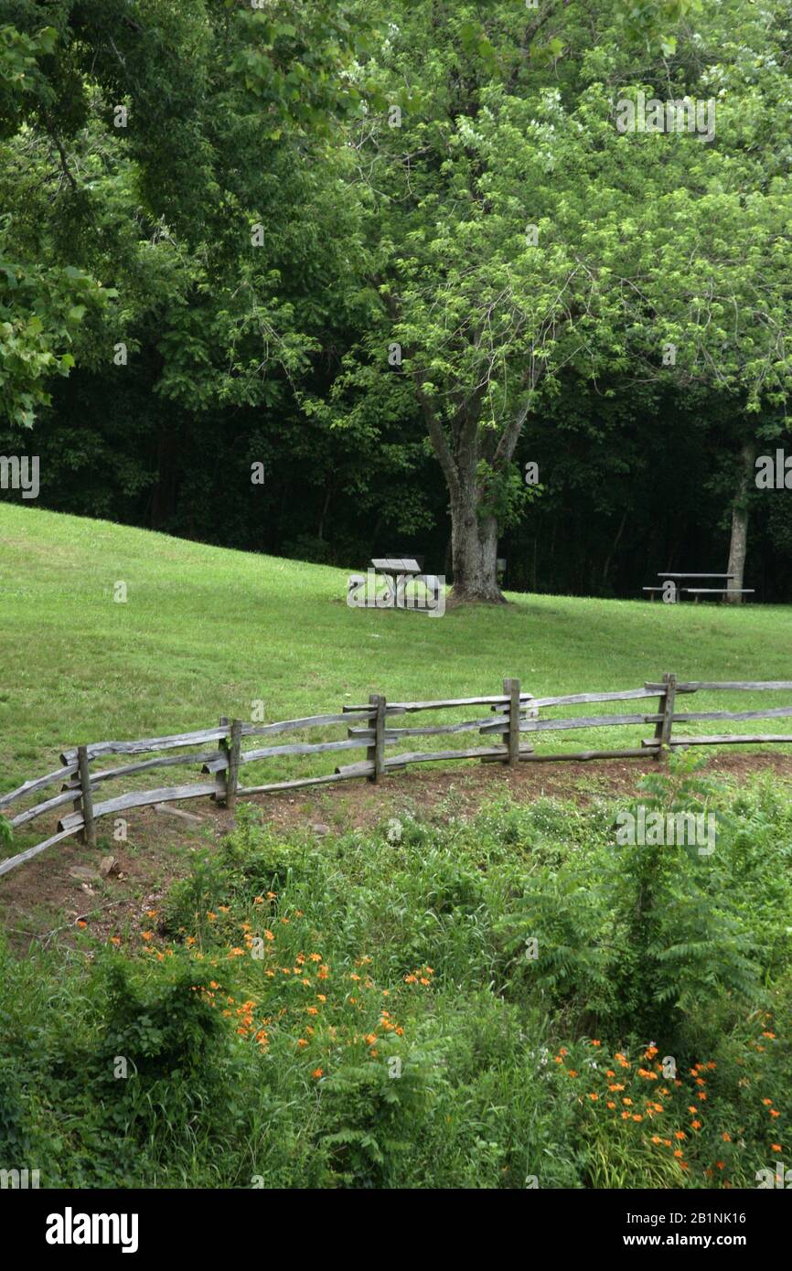 Picknicktische im Park. Ruhiger, entspannter Ort am Wald in Virginia, USA. Stockfoto