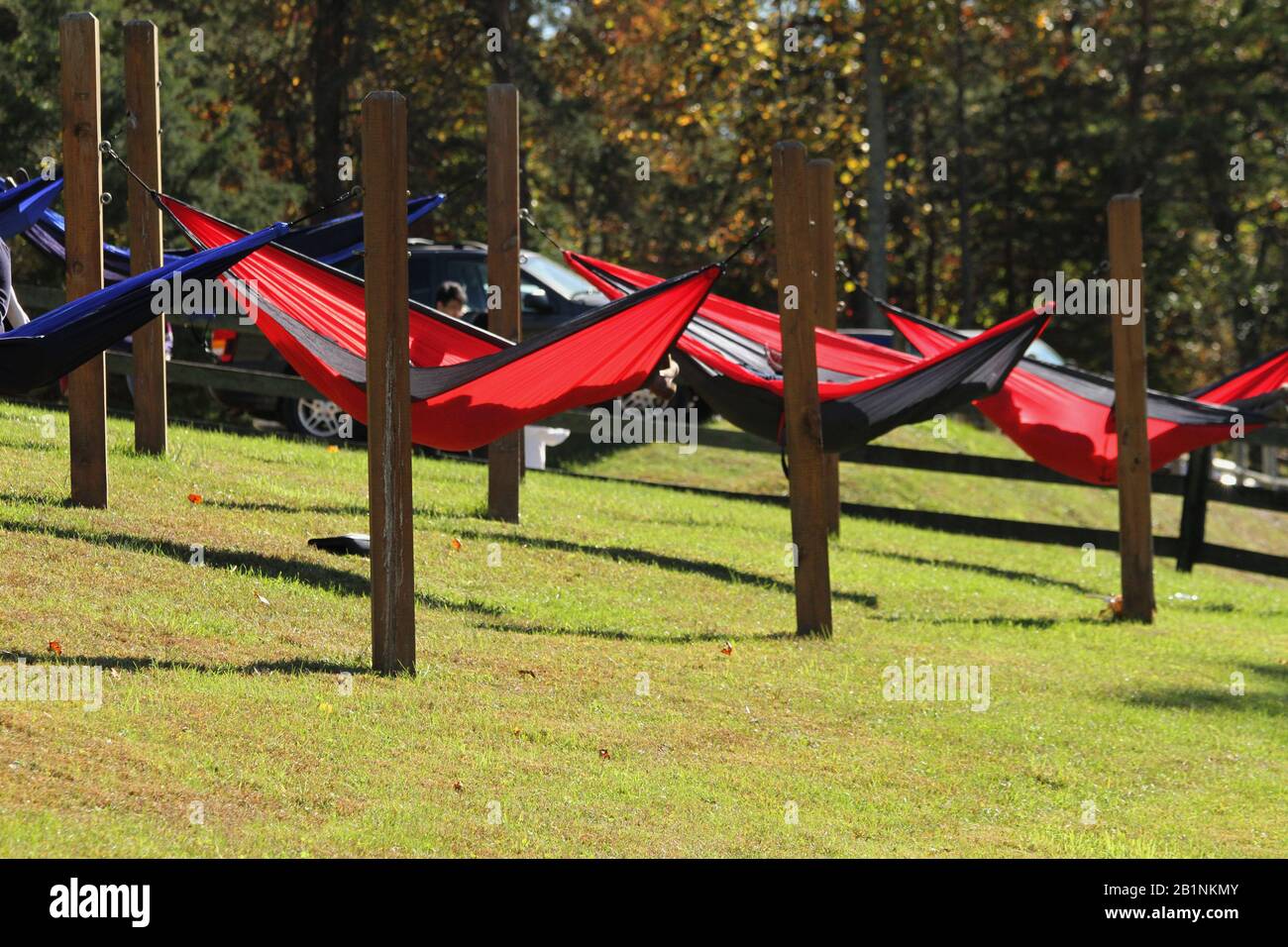 Menschen, die im Sommercamp in den USA in Hängematten schwingen Stockfoto