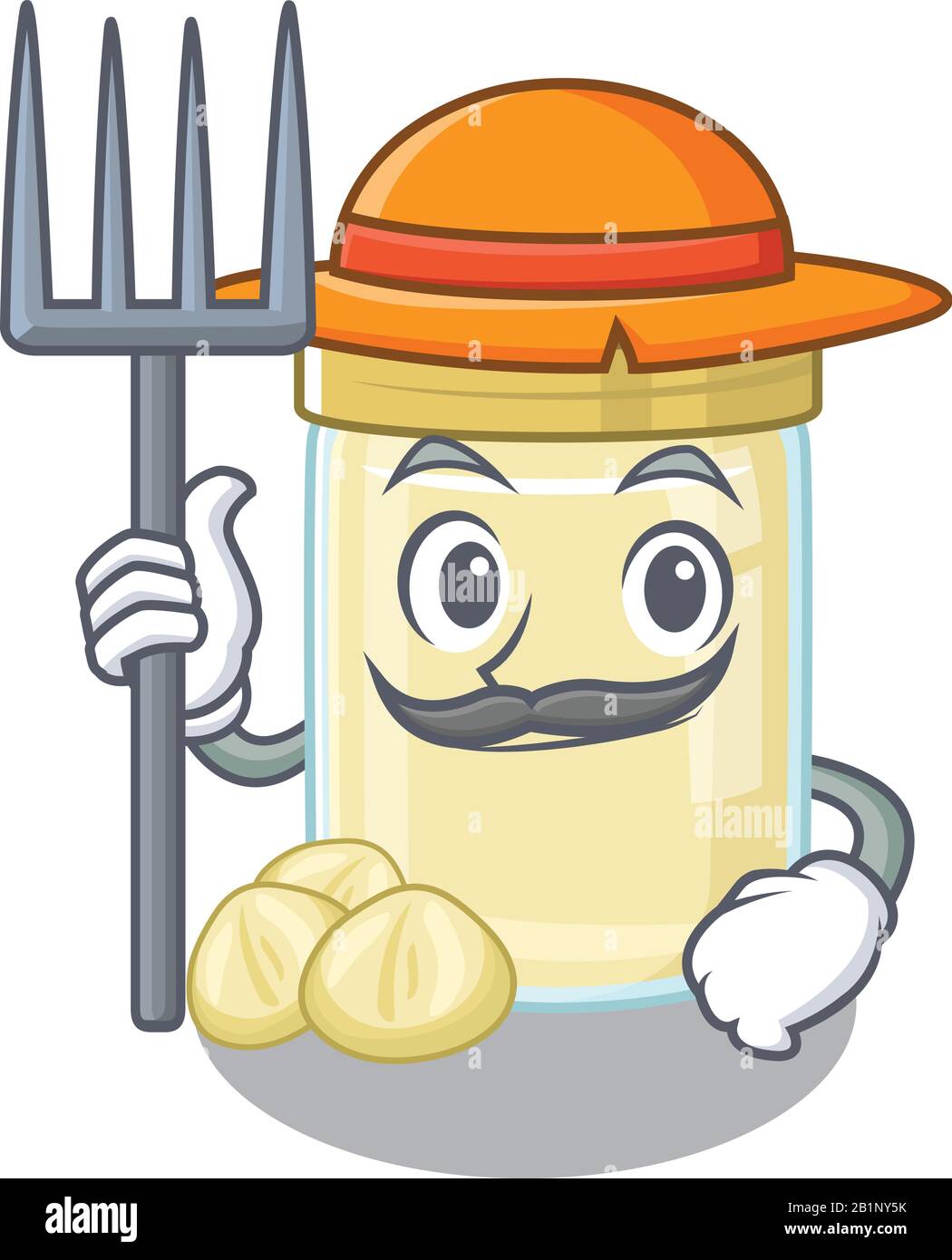 Happy Farmer Macadamia Nuss Butter Cartoon Bild mit Hut und Werkzeug Stock Vektor