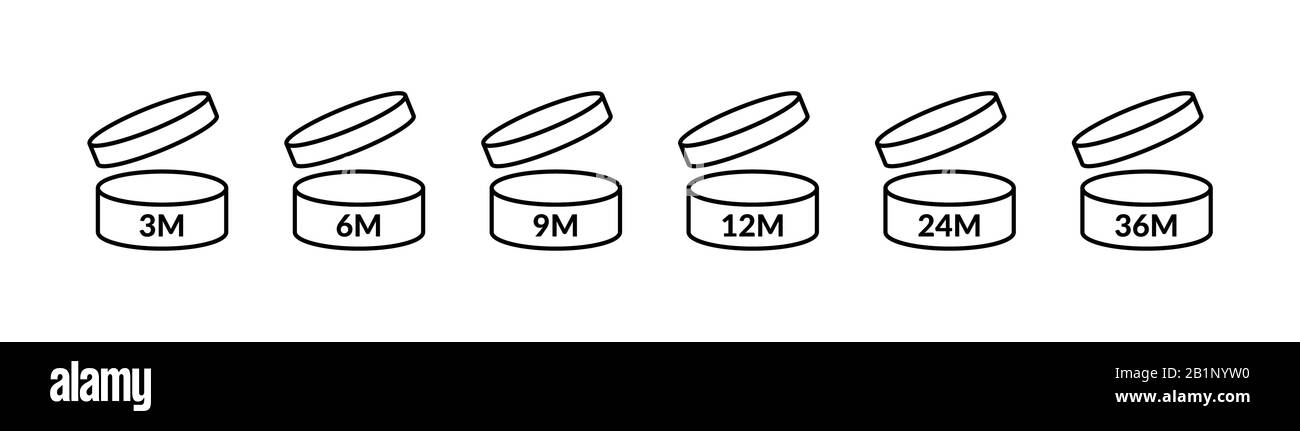 Pao-Symbole. Zeitraum nach dem Öffnen. 3 m, 6 m, 9 m, 12 m, 24 m, 36 m, Logo. Vektor öffnet kosmetisches Zeichen Stock Vektor