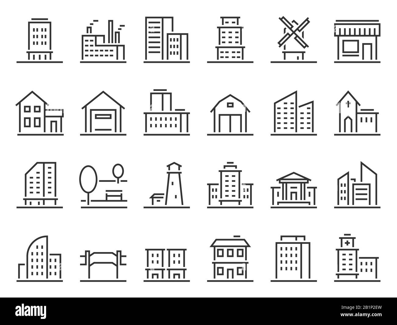 Symbole für Linienbauten. City Building, Hotel und Store Icon. Lagerhaus, Industriebau und Kirchenvektorsatz Stock Vektor