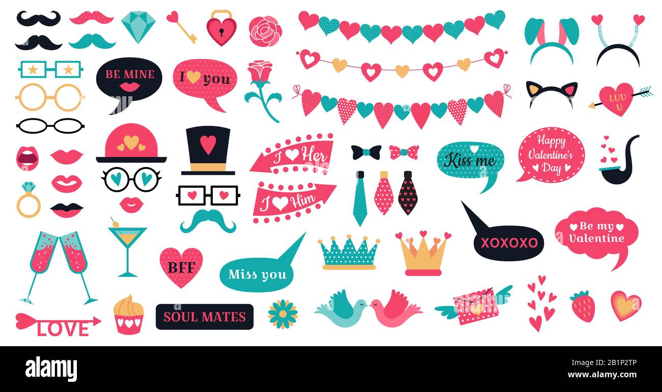 Fotostand props Valentinstag. Love Hearts prop, Kiss Lips und Heart Shapes bunting Vector Set Stock Vektor