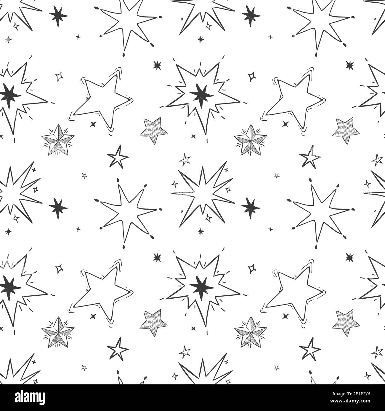 Nahtloses Muster von handgezeichneten Sternen. Doodle Star, Skizze Night Sky Vector Illustration Stock Vektor