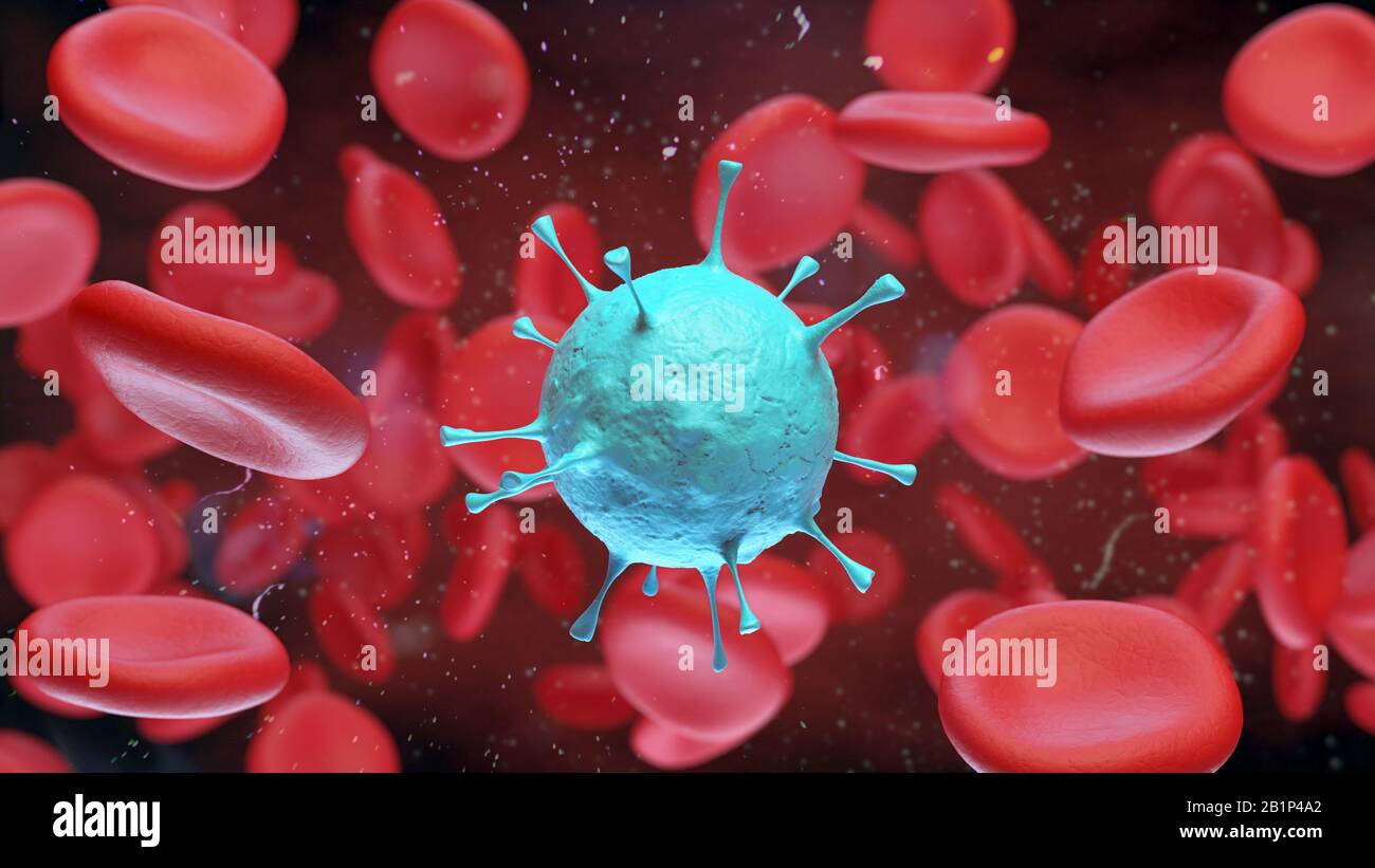 3D-Darstellung von mikroskopisch kleiner Blut- und Viruszelle. Stockfoto
