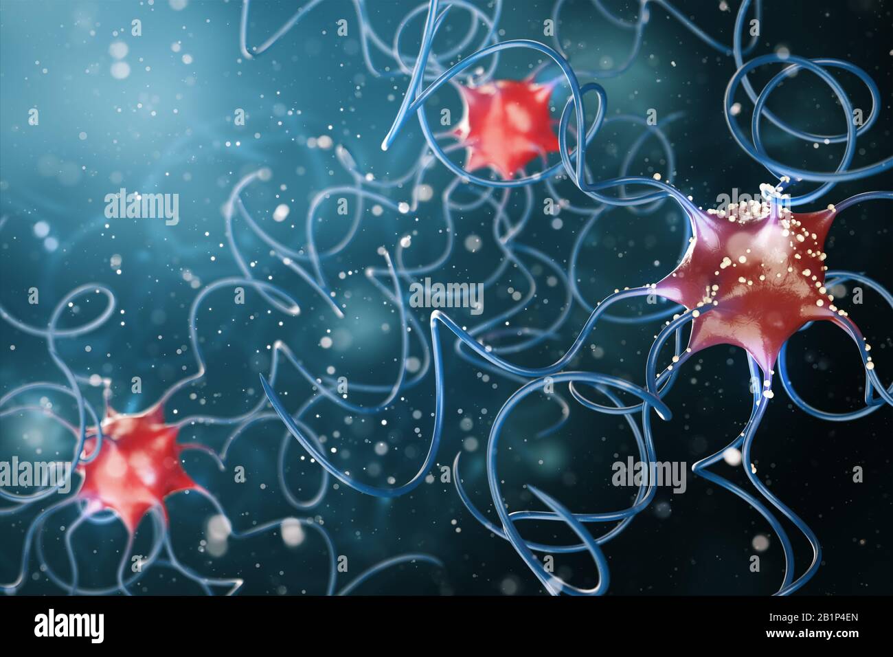 3D-Rendern von Nervenzellen auf blauem Hintergrund. 3D-Renderbakterienvirus, 3D-Render Mikrobe. Stockfoto
