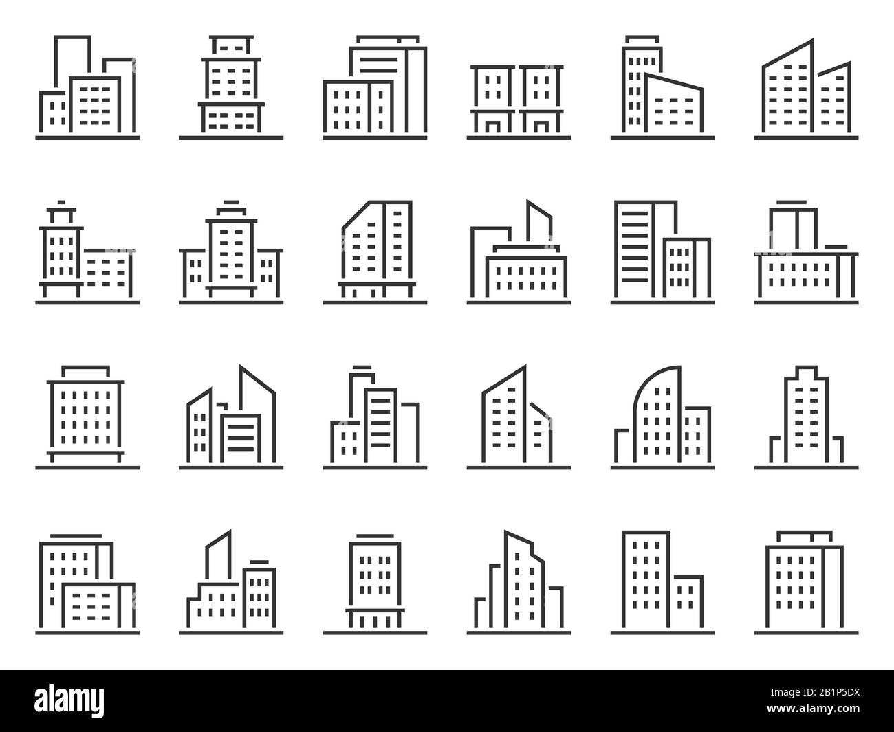 Symbole für Liniengebäude. Business-Symbol der Hotelgesellschaften, Stadtgebäude und Vektorgrafik der Stadt. Urbane Architektur, Wohnhäuser und Stock Vektor