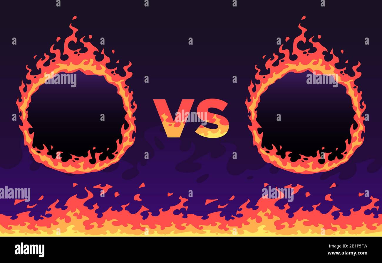 Feuer oder Rahmen. Sport fordert Kampf, flammendes VS-Banner und Feuerflammrahmen Vektorgrafiken. Konfrontation im Wettbewerb, Meisterschaftsspiel Stock Vektor