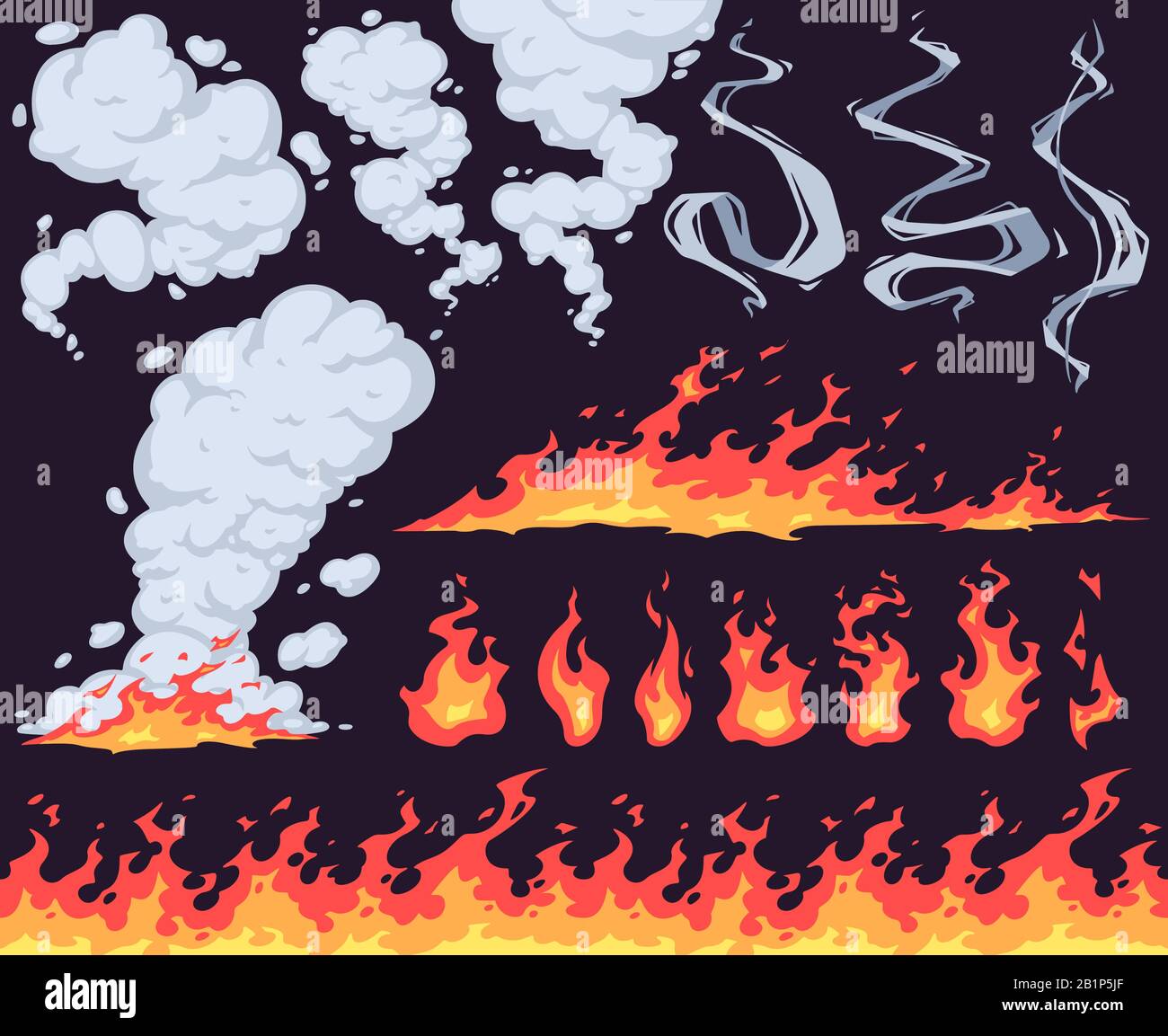 Cartoon-Feuer und Rauch. Helle Feuerflamme, rote feurige Flammen und Rauchwolken wirken Vektor-Set. Gefährliches Wildfeuer, natürliches Phänomen isoliert auf Stock Vektor